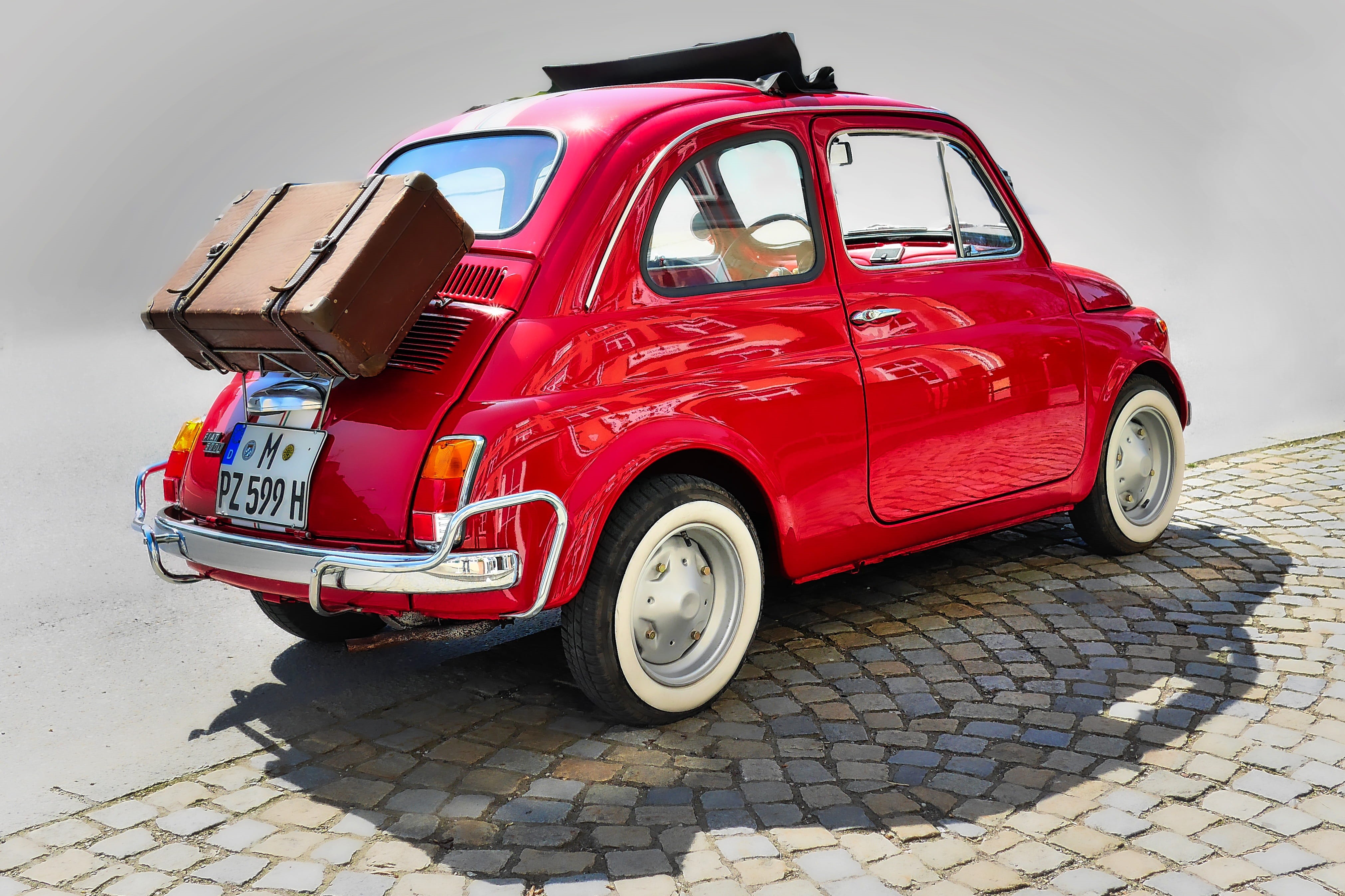 footpath, car, retro styled, red, parked, sport, luggage, classic, side view, auto, architecture, fiat, vintage, drive, no people, vehicle, land vehicle, HD Wallpaper