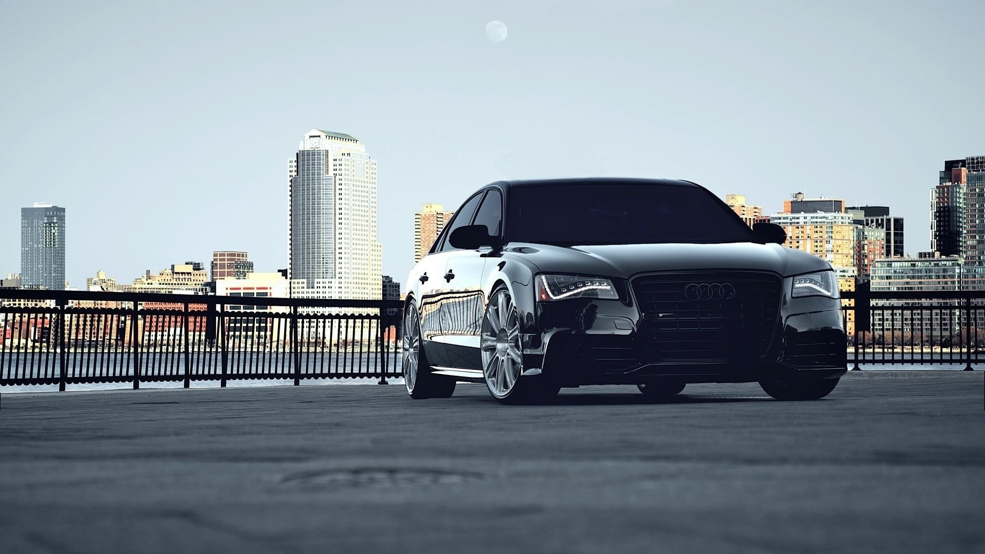 motor vehicle, Audi s8, land vehicle, architecture, vehicle, sky, Audi, building exterior, travel, black, road, office building exterior, day, city, transportation, HD Wallpaper