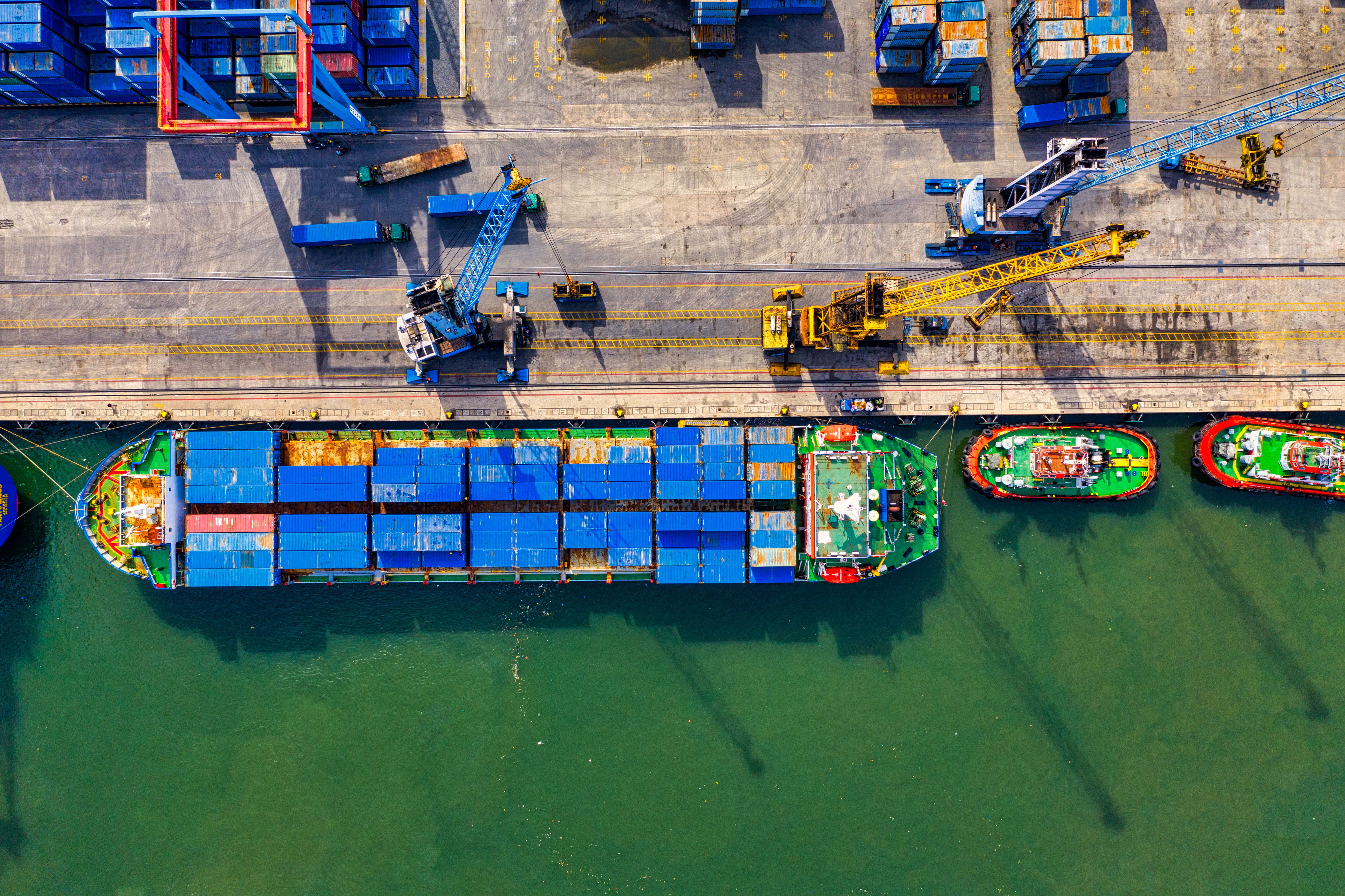 outdoors, customs, container, boats, 5K, cargo, landscape, architecture, vehicles, transportation, no people, shipment, cranes, drone shot, high angle view, HD Wallpaper