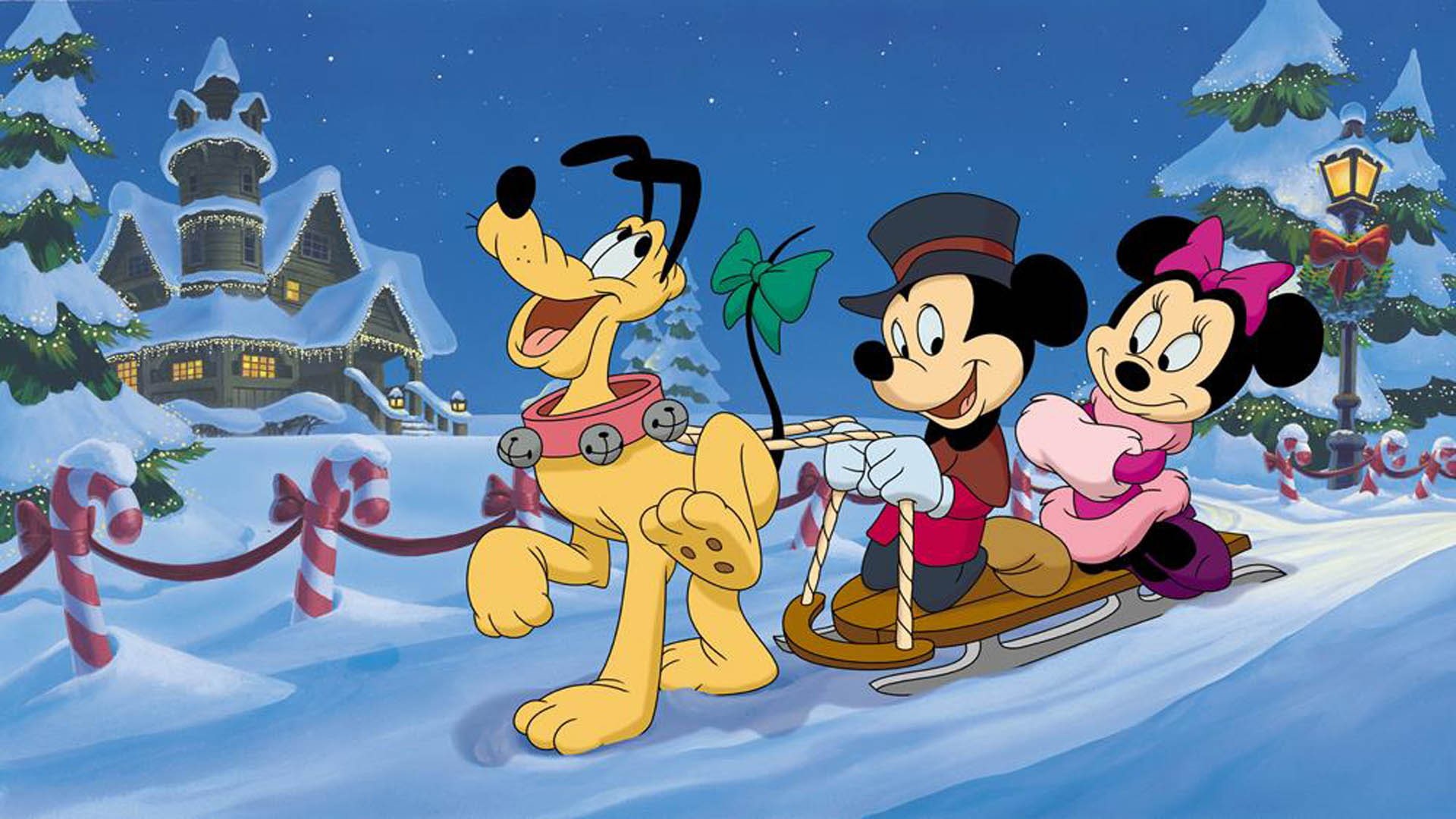 mouse, winter, hd, minnie, mickey, pluto, cartoons, 1080P, christmas, sledding, HD Wallpaper