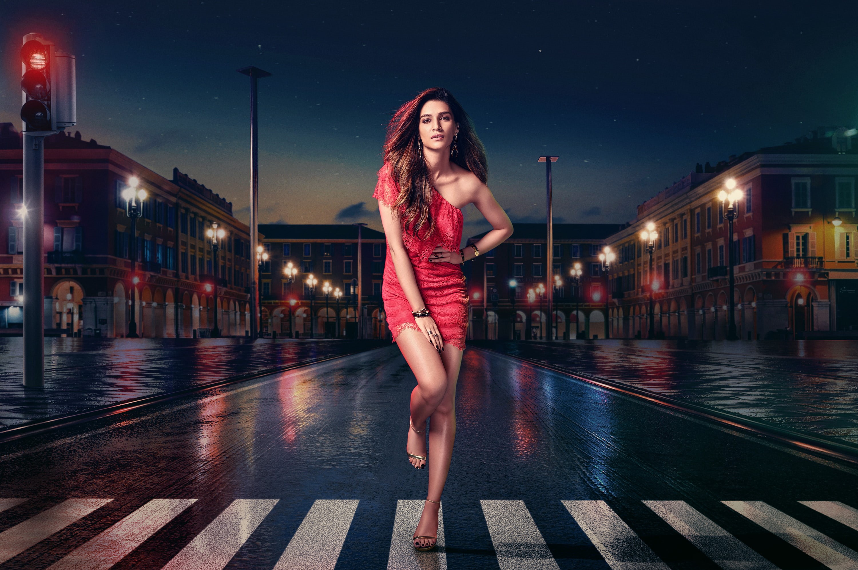 young adult, hairstyle, night, clothing, Model, young women, illuminated, front view, 2K, fashion, portrait, one person, beauty, hair, women, Kriti Sanon, HD Wallpaper
