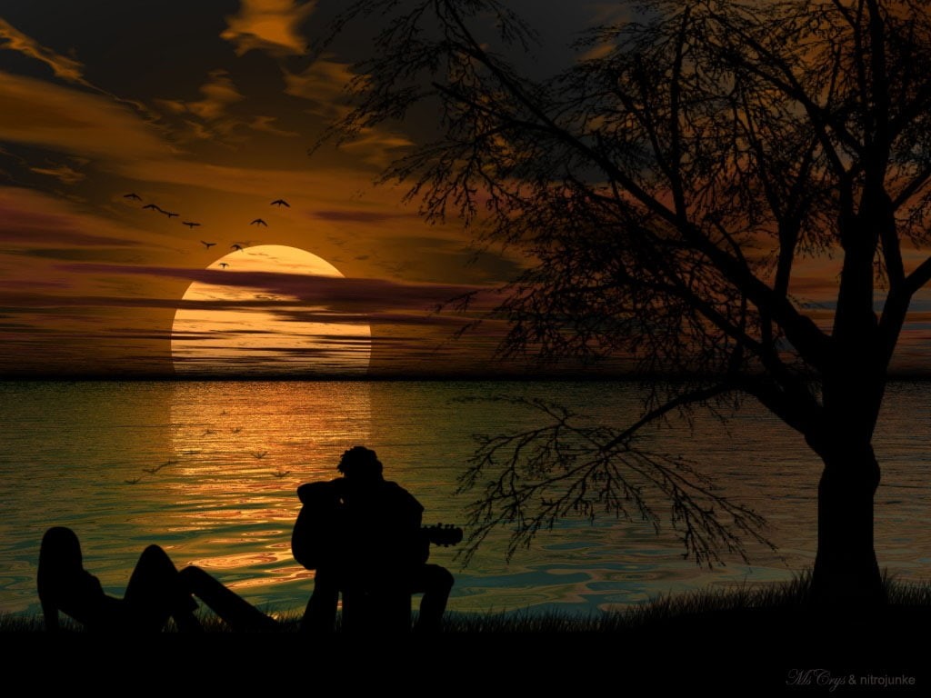 art, guitars, sunsets, nature, x, hd, 480P, Couple, romantic, HD Wallpaper