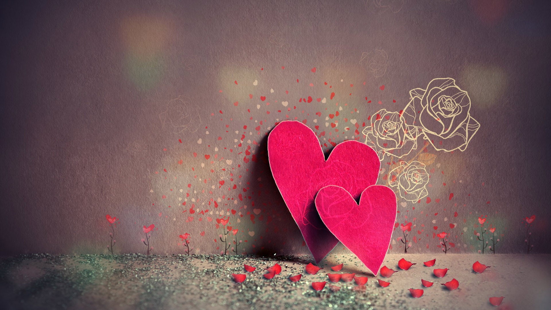 heart, couple, love, red, flowers, 1080P, petal, HD Wallpaper