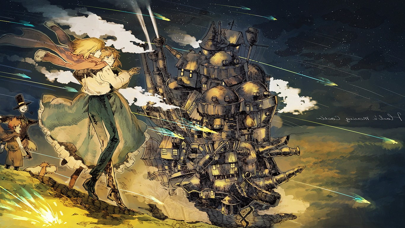 sea, outdoors, building, studio ghibli howls moving castle sophie hatter howl anime, built structure, beauty in nature, art and craft, sunlight, building exterior, HD Wallpaper