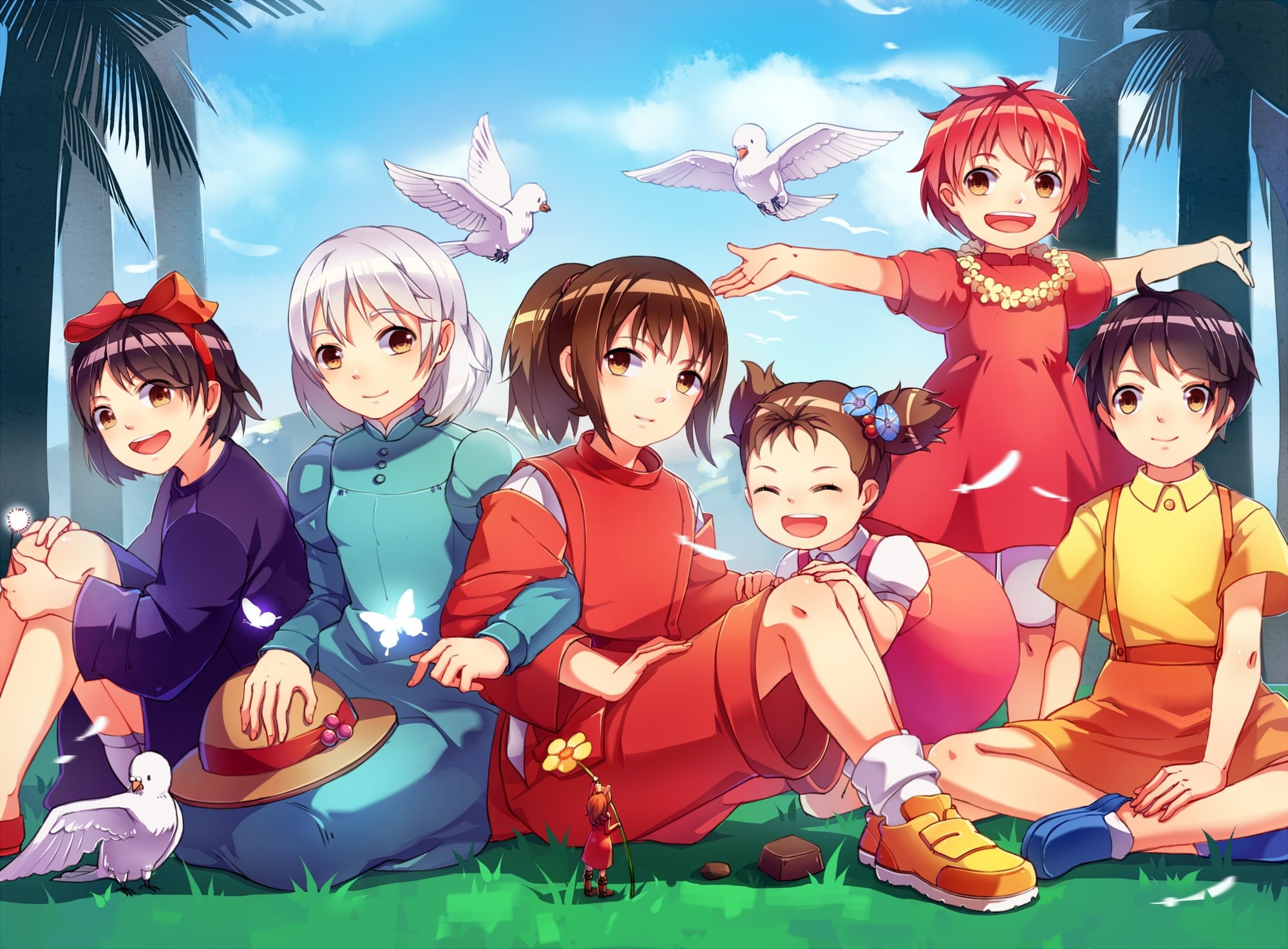 sky, kiki kusakabe, cloud - sky, Anime, spirited away, females, real people, outdoors, smiling, studio ghibli, sophie hatter, child, men, art and craft, HD Wallpaper