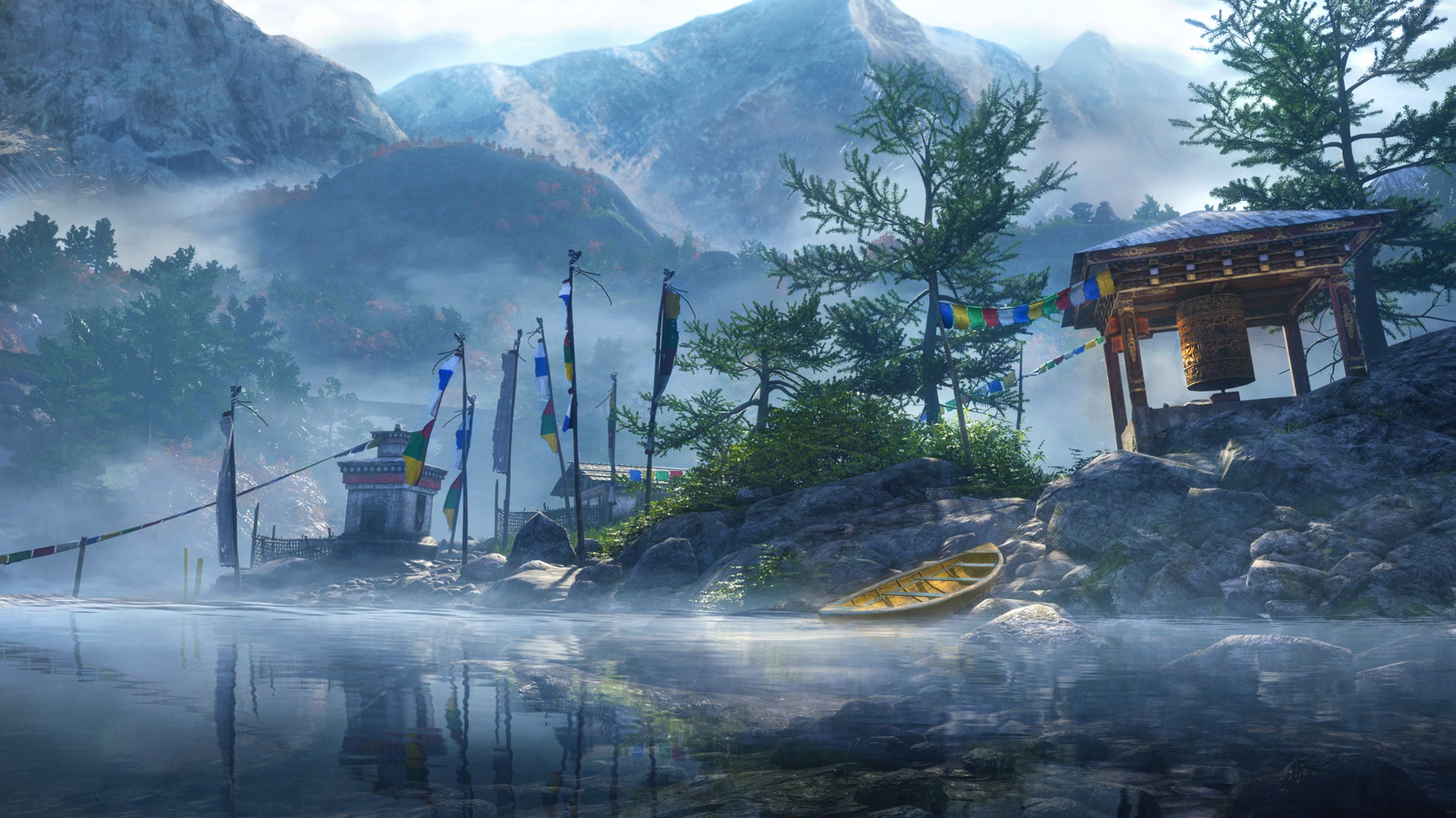 sky, plant, Far Cry 4, smoke - physical structure, Himalayas, belief, fog, screenshot, religion, building exterior, day, nature, tree, built structure, HD Wallpaper