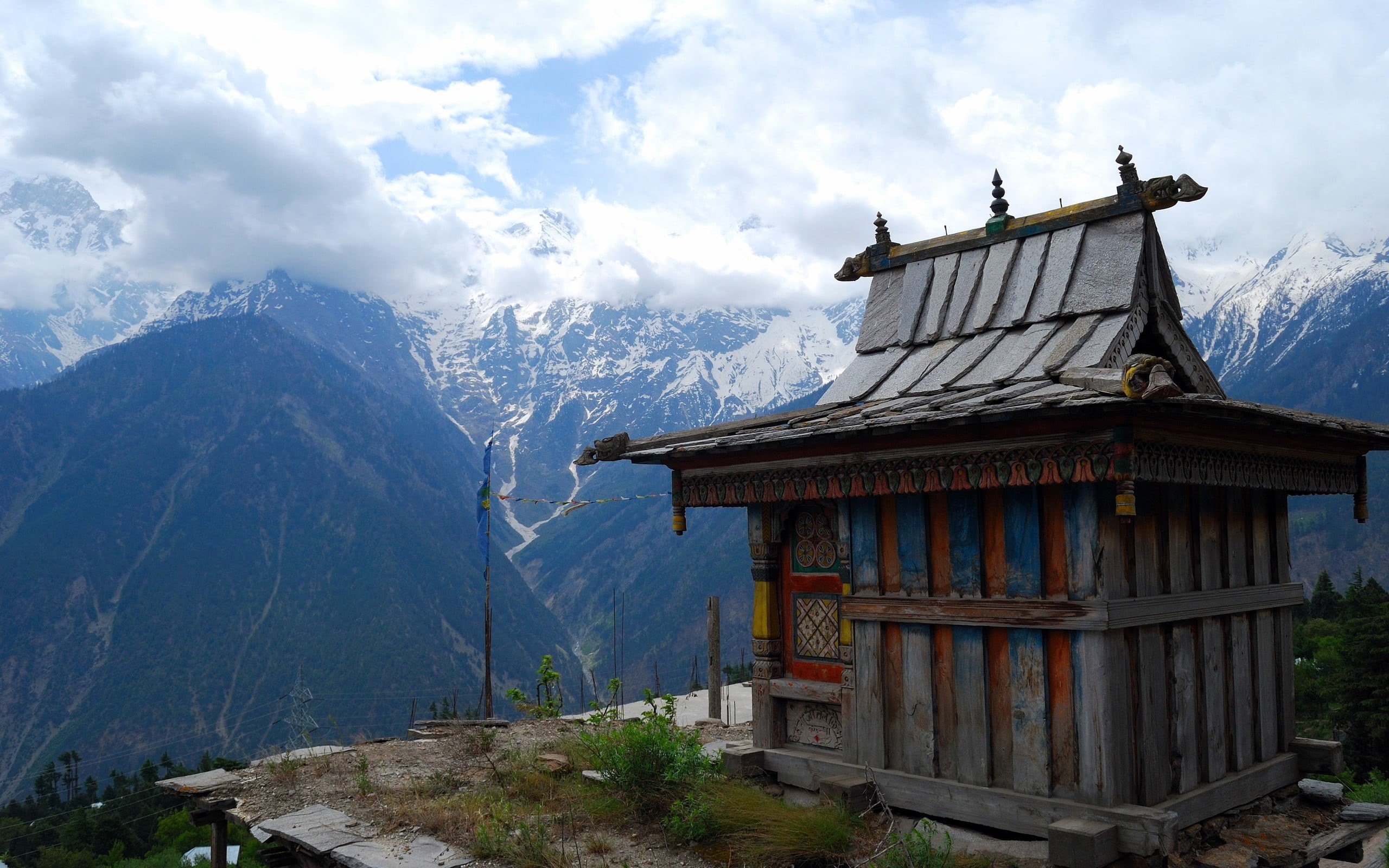 mountains, outdoors, non-urban scene, scenics - nature, no people, spirituality, nature, day, religion, tranquil scene, Tibet, building exterior, snowcapped mountain, HD Wallpaper
