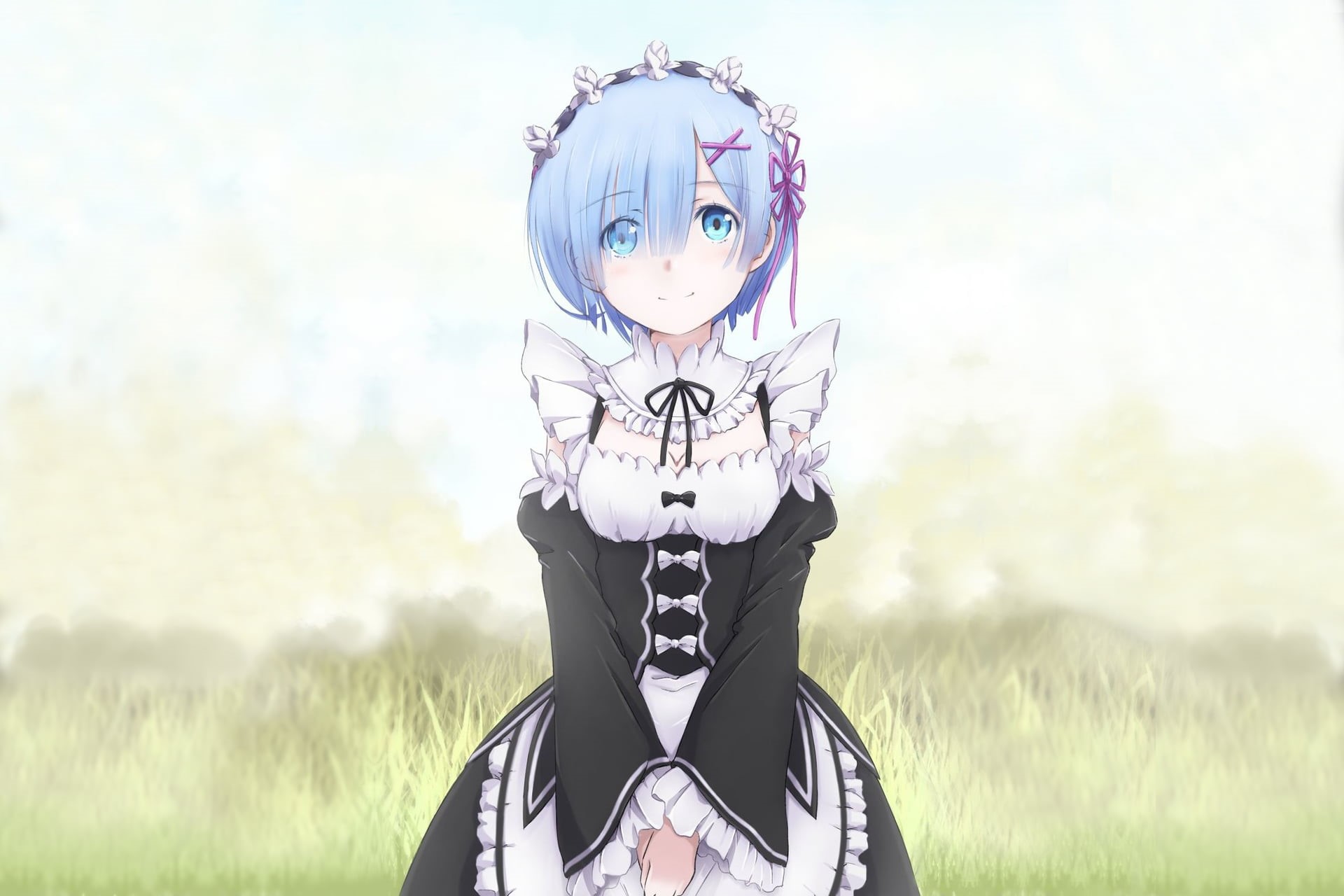 standing, plant, unrecognizable person, blue eyes, front view, maid outfit, field, lifestyles, ribbon, day, one person, grass, land, 1080P, Re:Zero Kara Hajimeru Isekai Seikatsu, HD Wallpaper