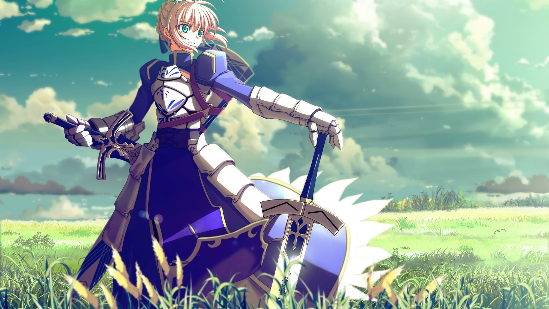 field, toy, creativity, sky, plant, sword, tree, no people, anime, male likeness, nature, scarecrow, Saber, focus on foreground, Fate Series, human representation, HD Wallpaper