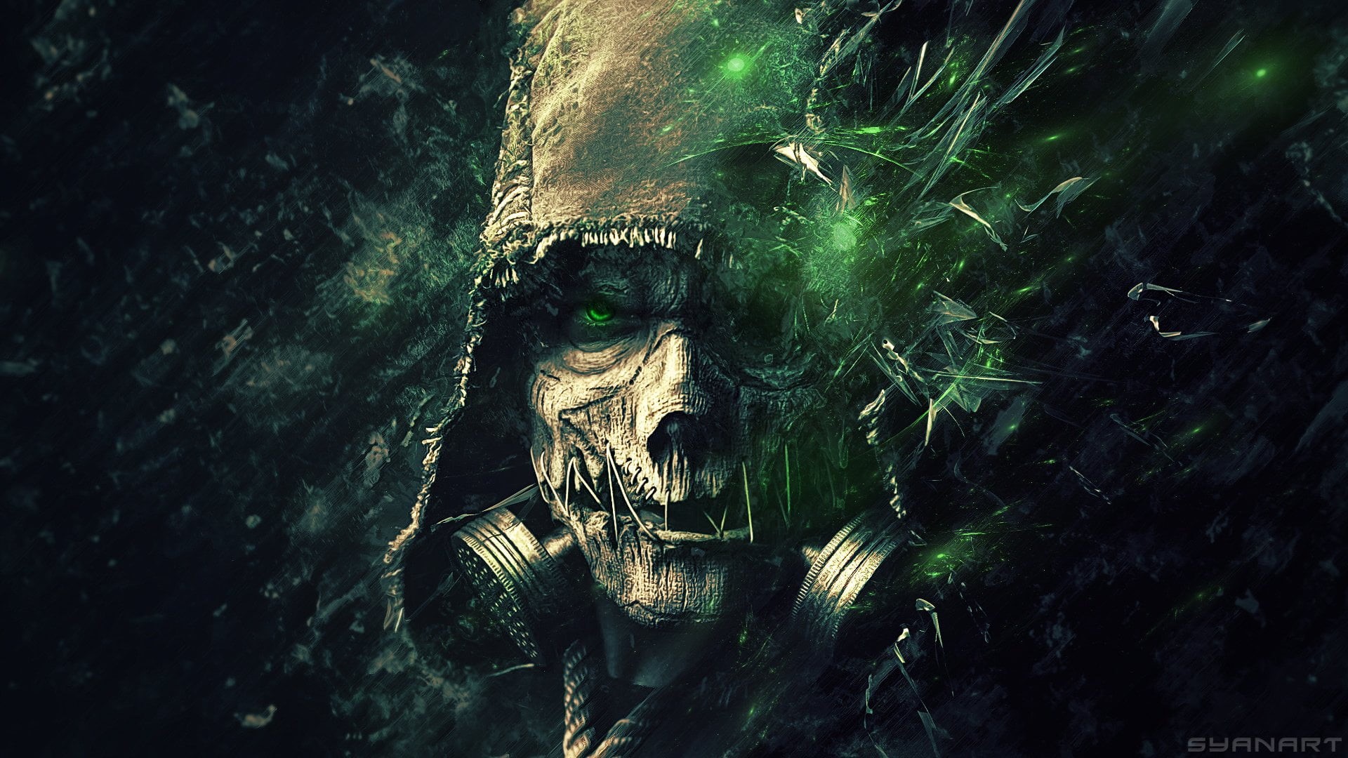 green color, art and craft, skull, Dark, creativity, reflection, 1080P, architecture, Man, nature, human representation, craft, Hood, plant, HD Wallpaper