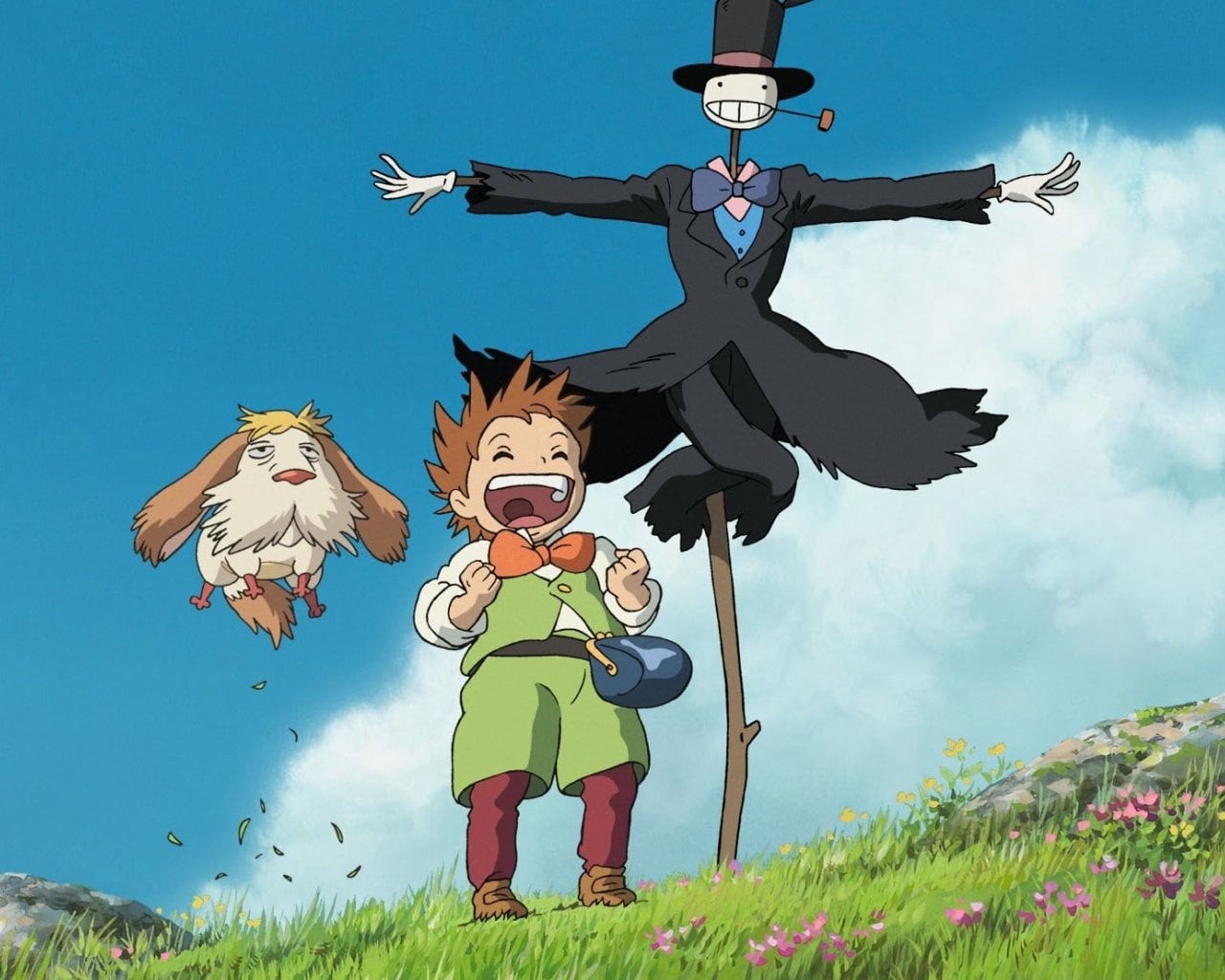 sky, turnip head, boy, plant, blue, 720P, haired, smiling, fun, brown, grass, cheerful, dog, field, happiness, prince justin, howls moving castle, nature, HD Wallpaper