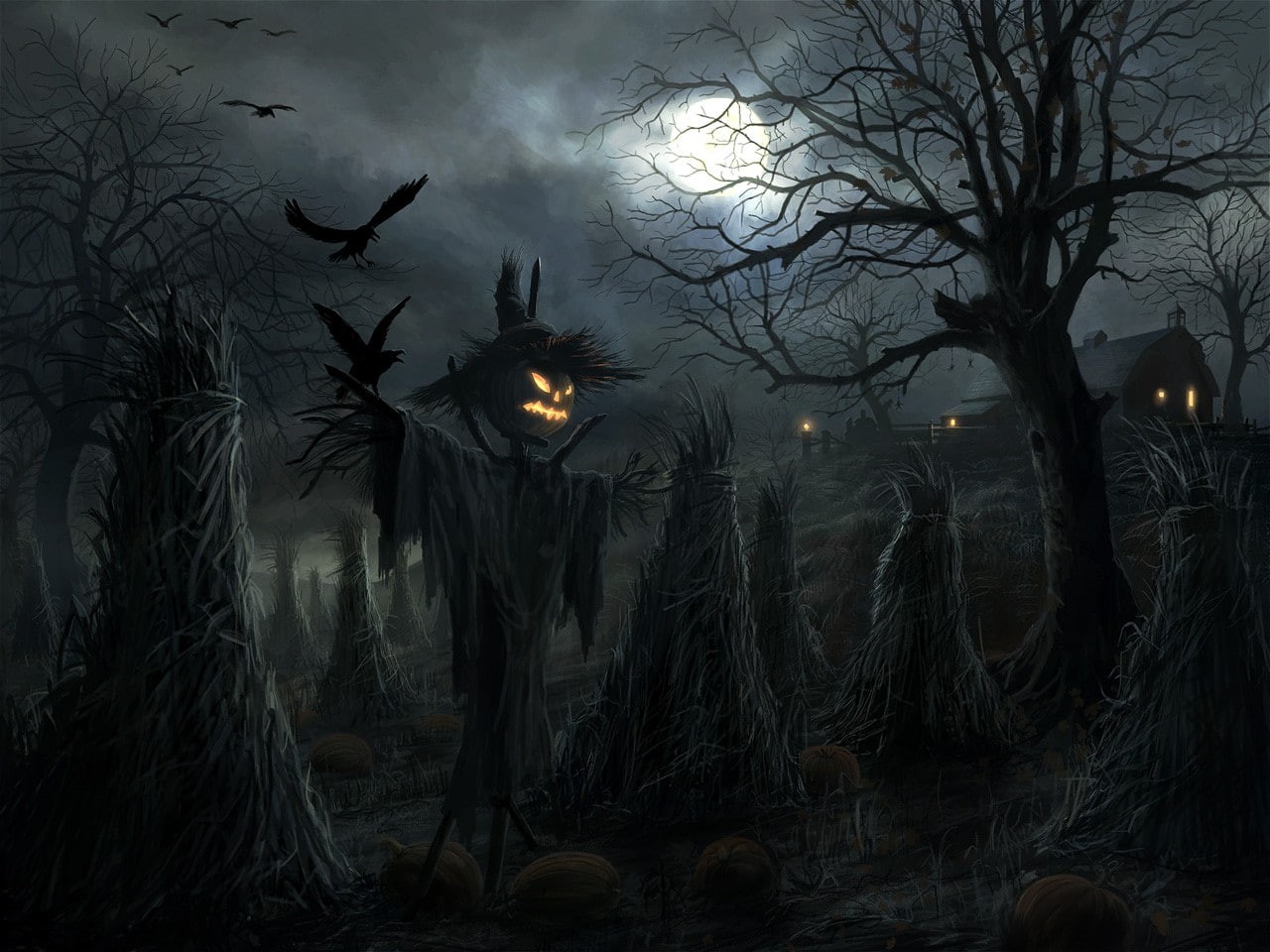 night, scarecrows, Halloween, fantasy art, 720P, Moon, raven, HD Wallpaper
