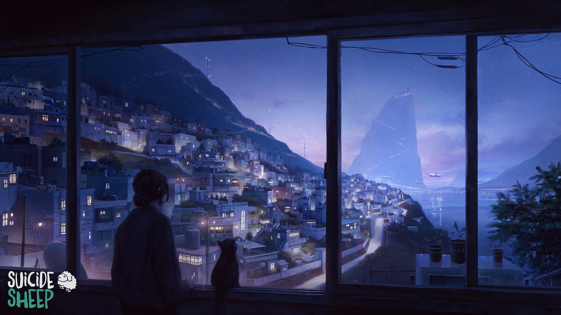 Suicide Sheep, city, women, artwork, cat, digital art, horizon, digital, 1080P, HD Wallpaper