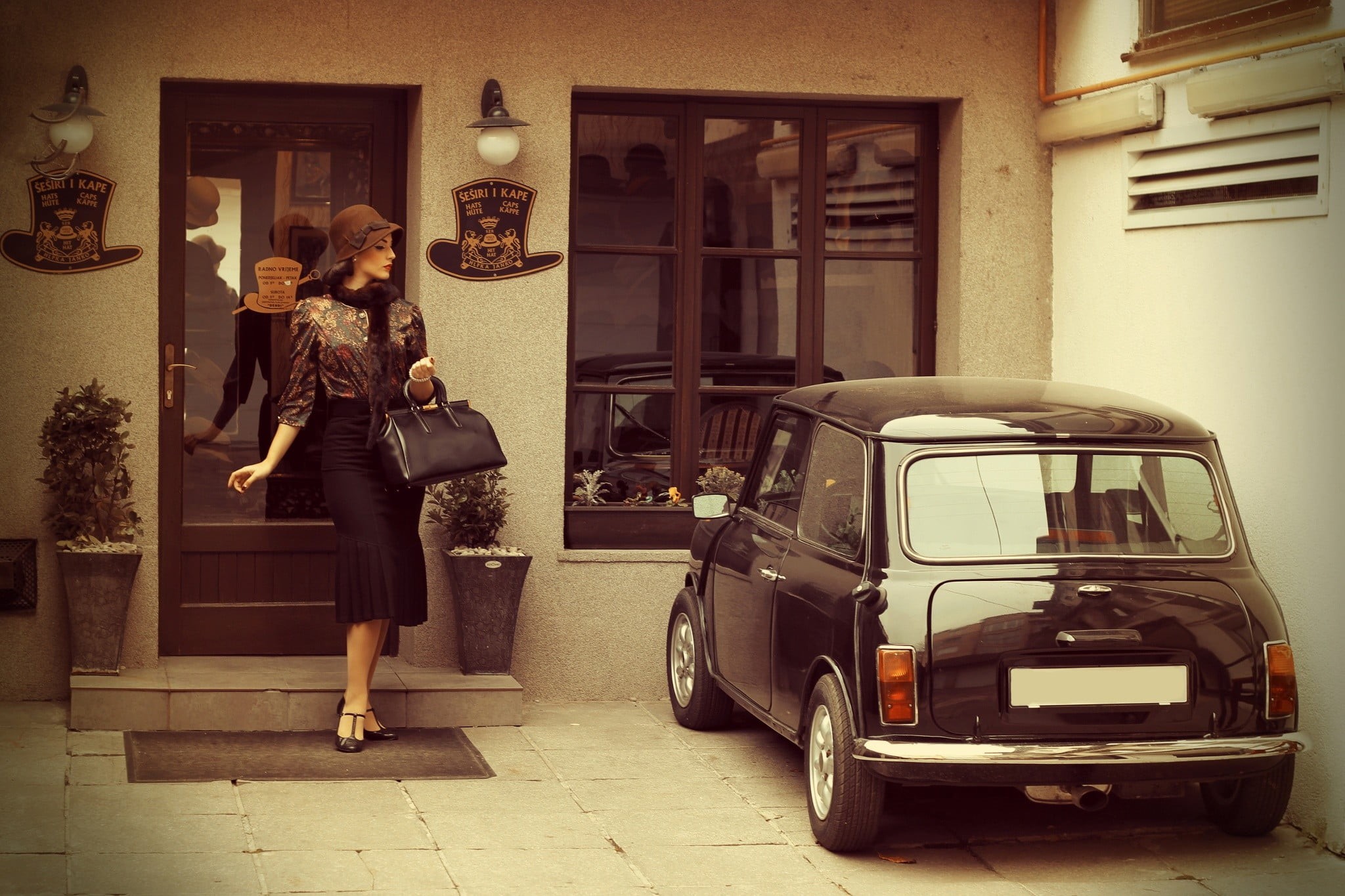 transportation, architecture, real people, standing, Vintage car, vintage, leisure activity, adult, hairstyle, one person, young adult, women, clothing, HD Wallpaper