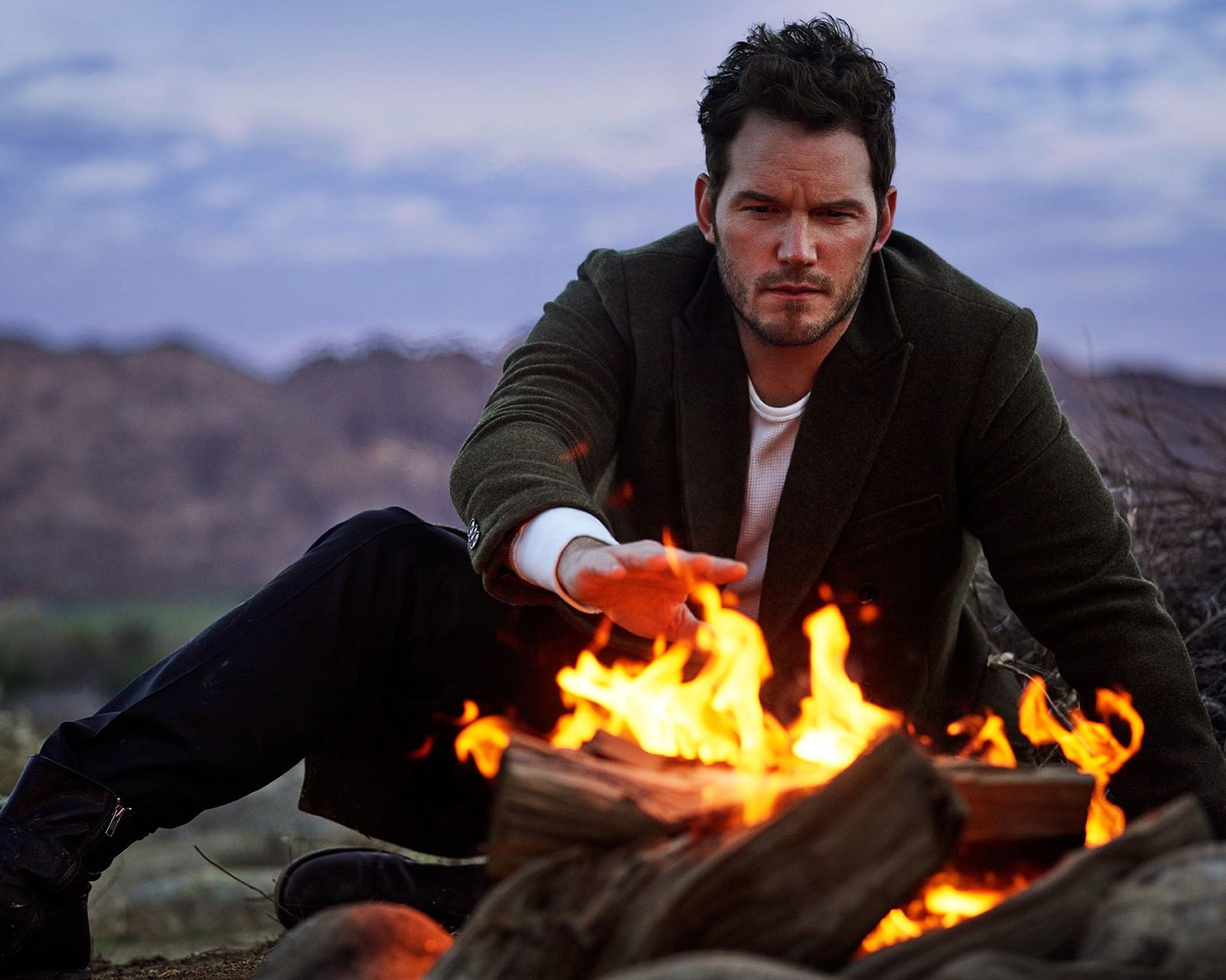 the evening, fire, Chris Pratt, 1080P, the fire, Vanity Fair, nature, Mark Seliger, HD Wallpaper