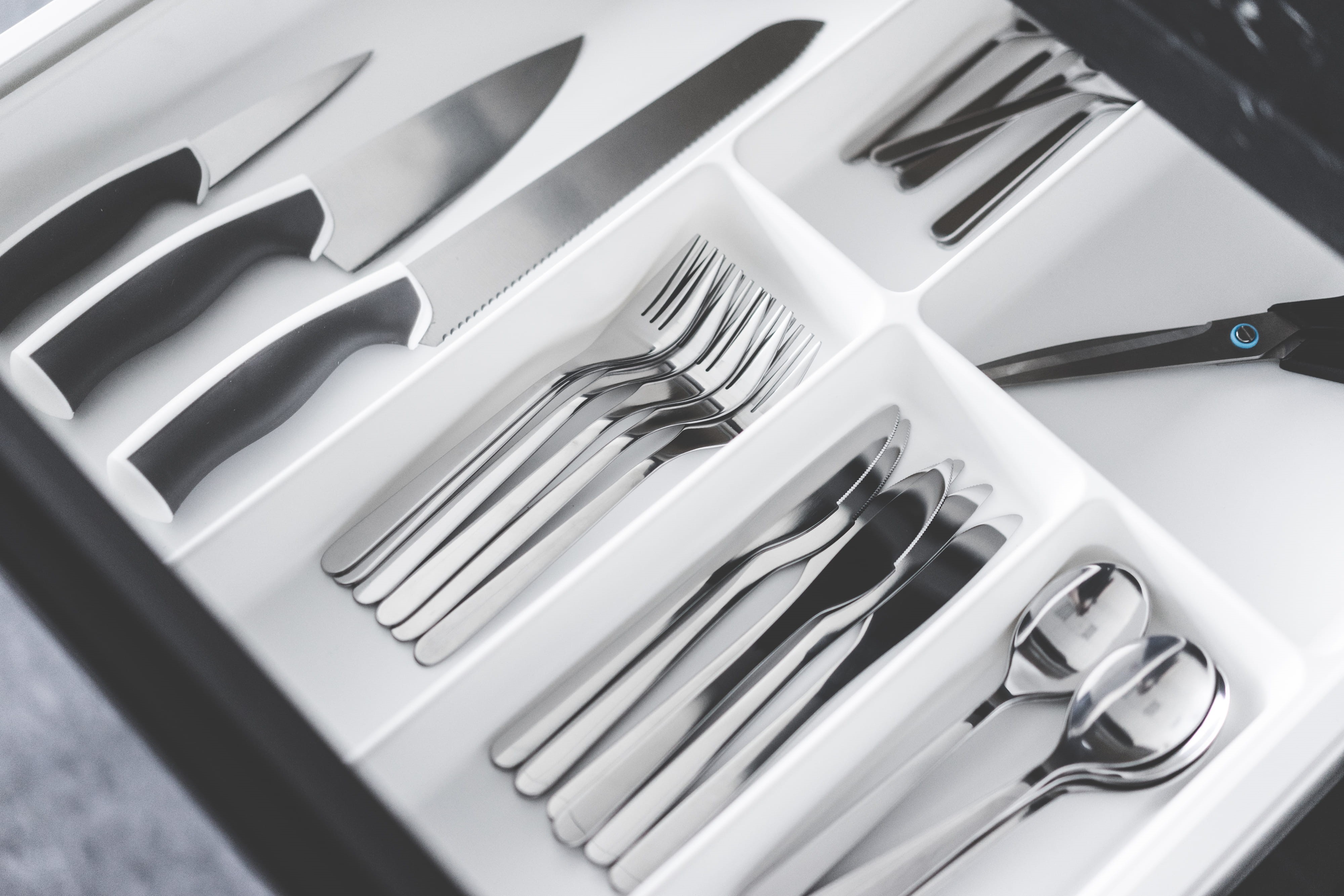 Kitchen, spoons, cupboard, stainless Steel, arrangement, setting, white color, still life, eating, Cutlery, Drawer, interior design, dental equipment, indoors, HD Wallpaper