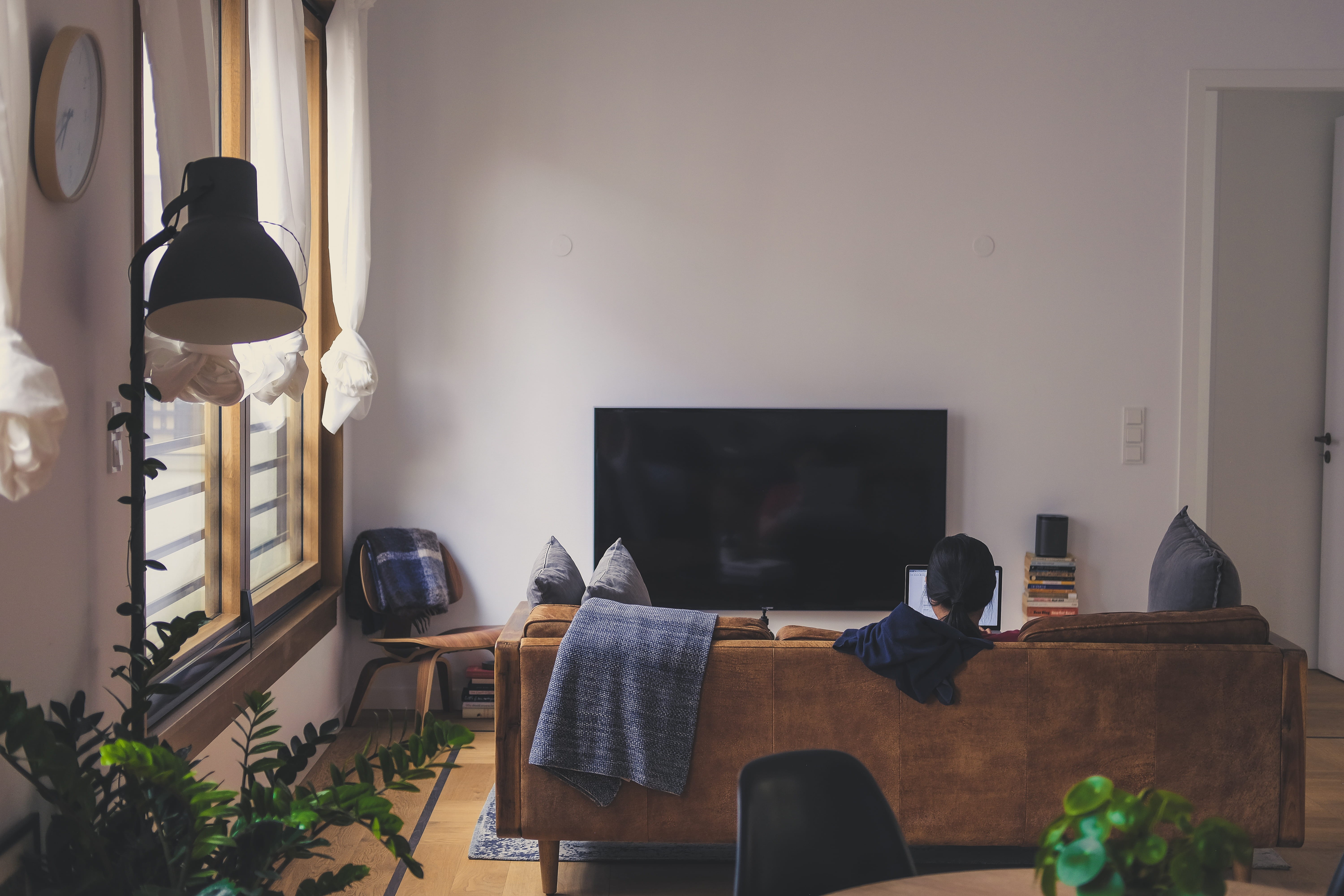 office, living room, lamp, couch, potted plant, indoors, window light, screen, interior design, woman, modern, wooden, computer, person, domestic room, HD Wallpaper