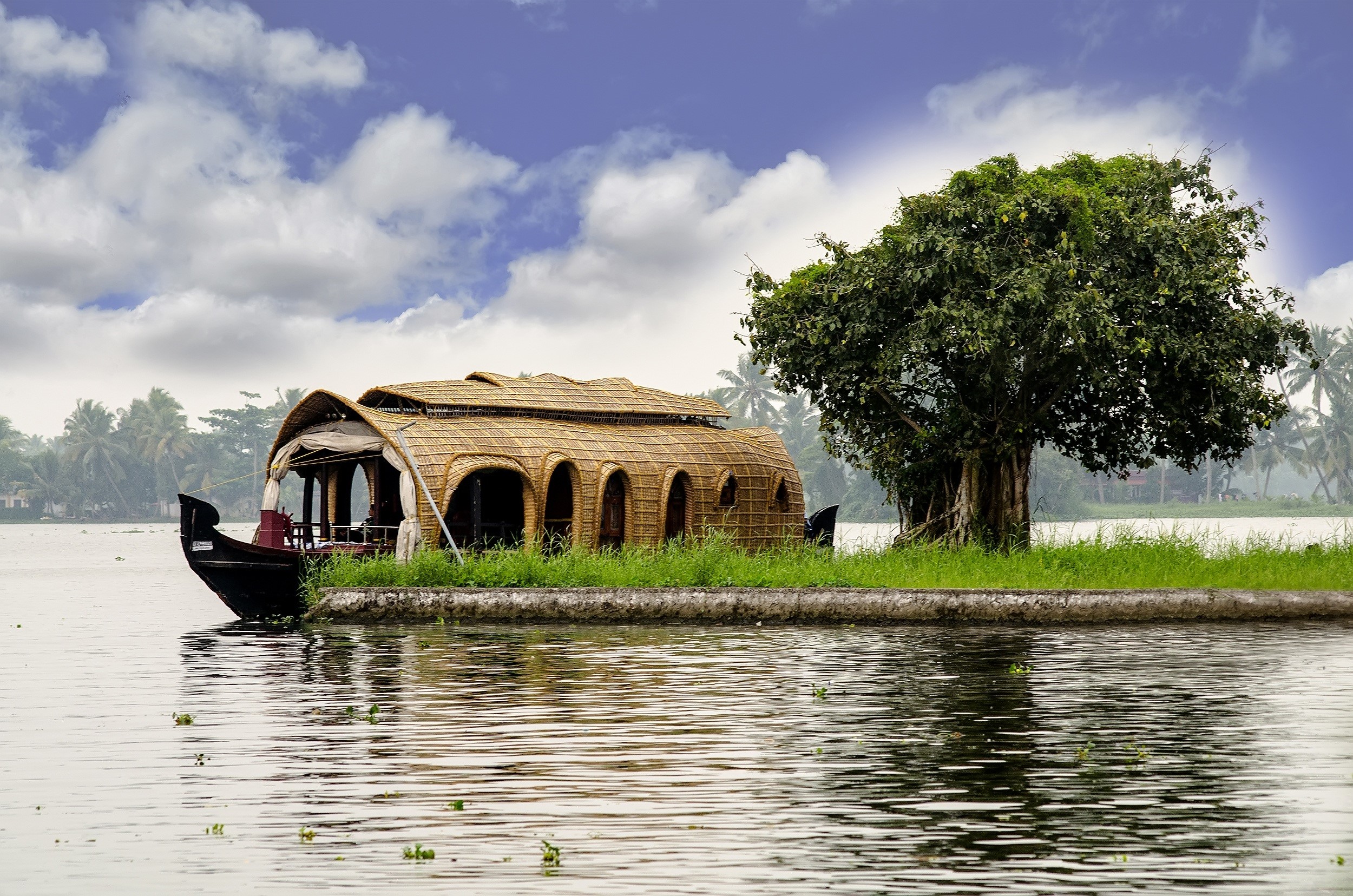 brown, waterfront, houseboat booking, architecture, docked, beauty in nature, kerala houseboat, tree, island, nature, boat, cloud - sky, built structure, HD Wallpaper