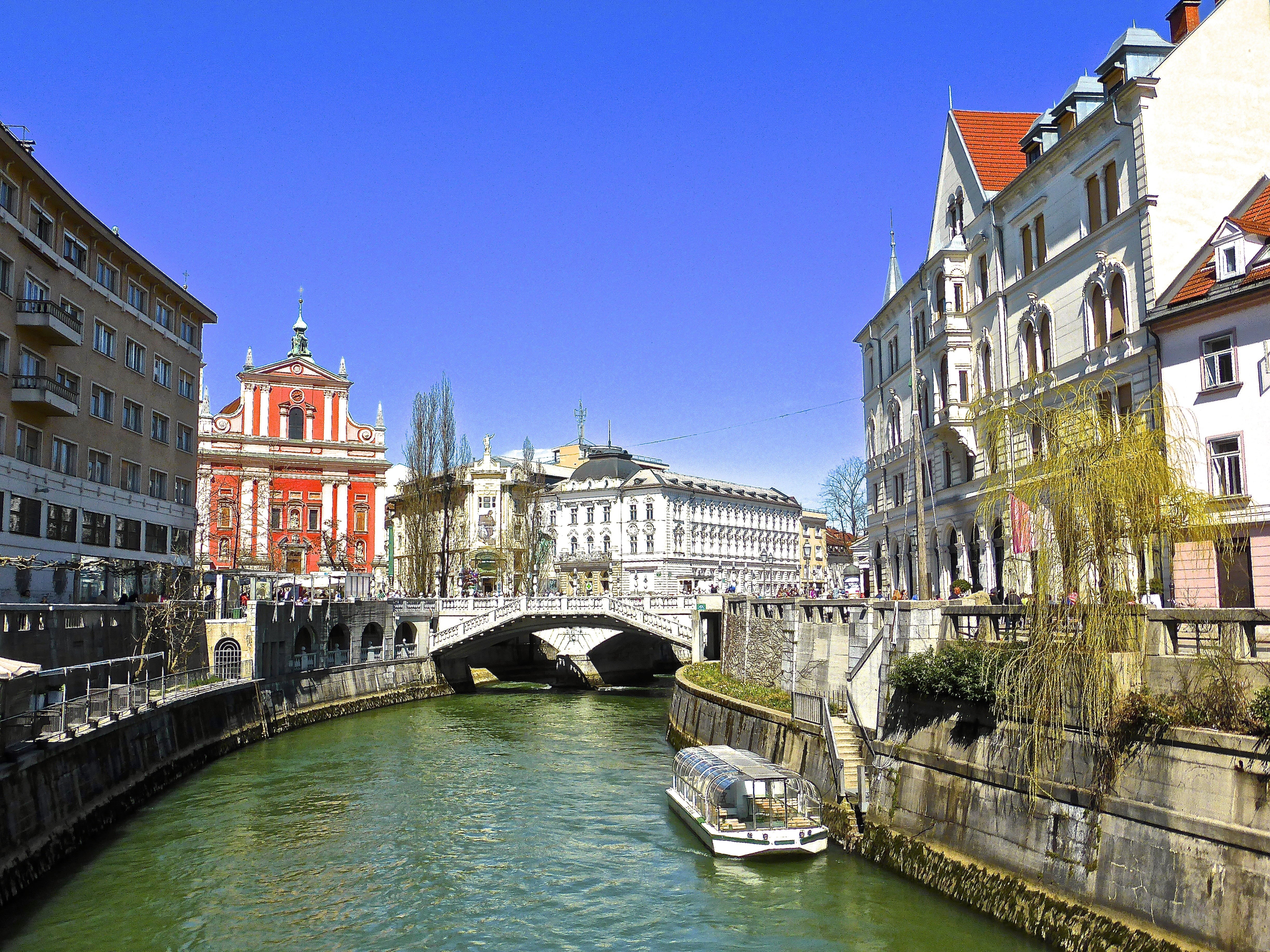 slovenia, landmark, canal, travel destinations, bridge, ljubljana, transportation, outdoors, bridge - man made structure, slovenija, town, nautical vessel, HD Wallpaper