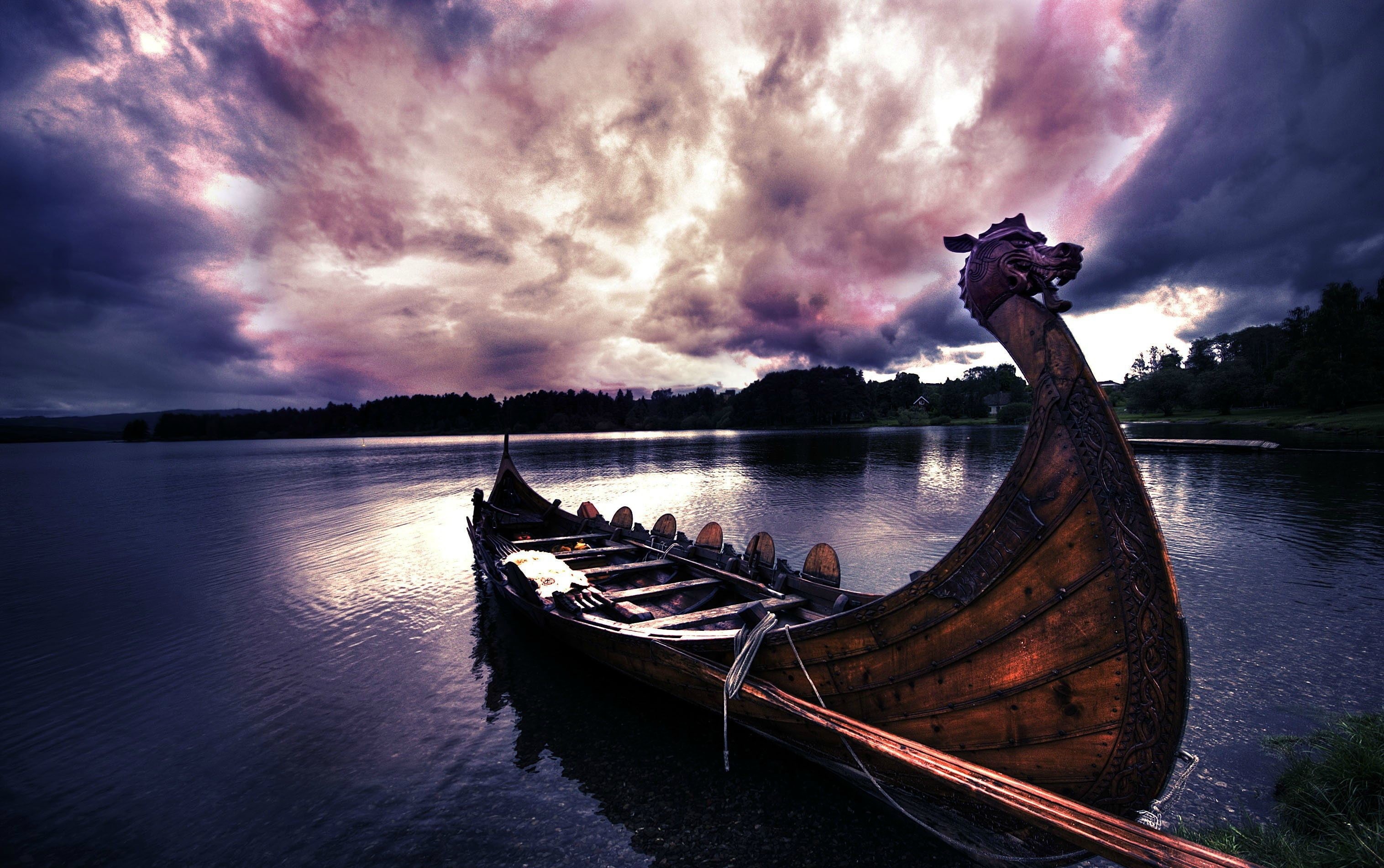 cloud - sky, sky, longships, lake, non-urban scene, Vikings, wooden, 2K, water, transportation, no people, nautical vessel, sunset, outdoors, reflection, HD Wallpaper