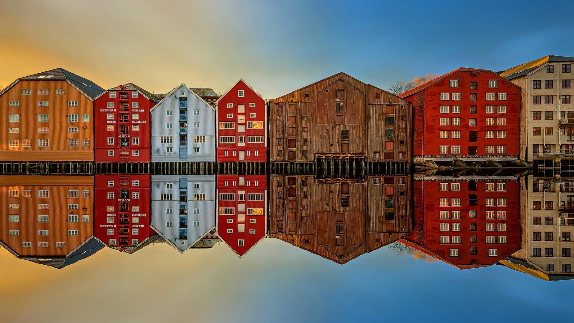1080P, reflection, water, city, waterfront, house, red, residential district, day, outdoors, river, symmetry, Trondheim, digital composite, built structure, HD Wallpaper