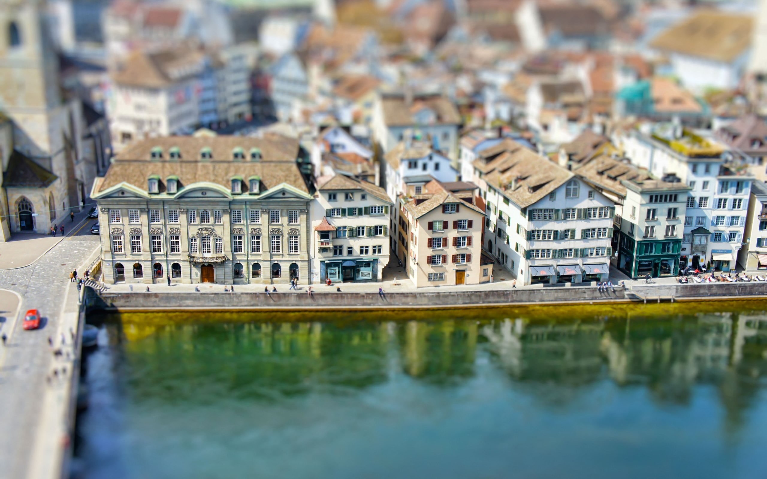 selective focus, outdoors, tower, town, reflection, house, summer, architecture, tourism, concrete, history, tourist, Zurich, european Culture, waterfront, HD Wallpaper