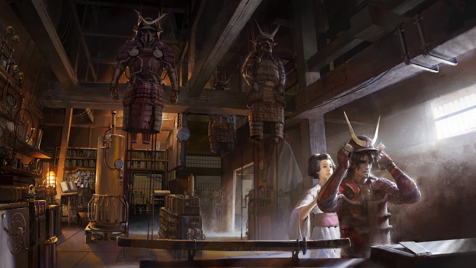 1080P, the room, warrior, Steampunk samurai mash up, horns, helmet, HD Wallpaper