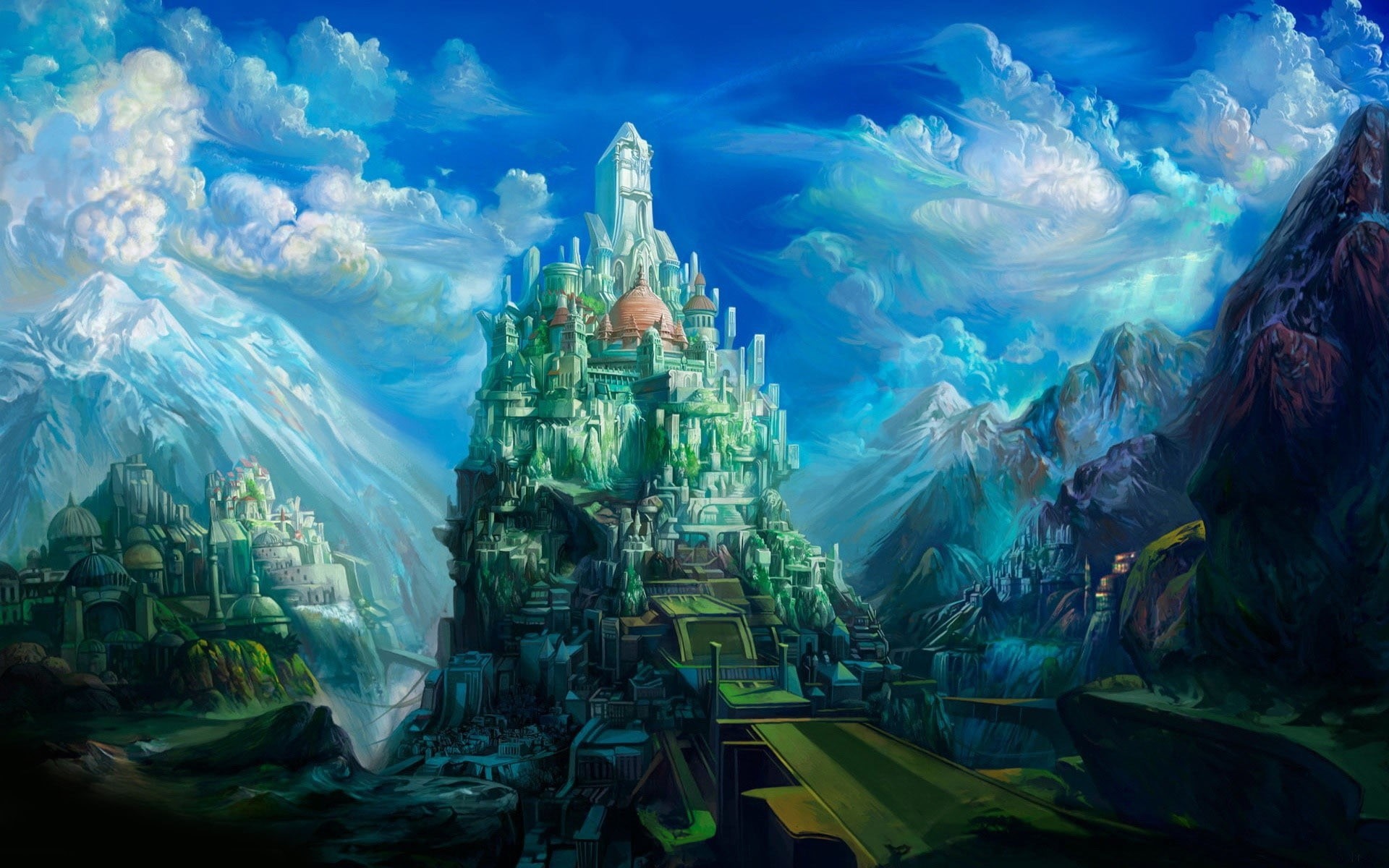 belief, green, art and craft, mountains, artwork, digital, fantasy art, illuminated, tower, spirituality, hills, travel destinations, statue, 1080P, ornate, HD Wallpaper