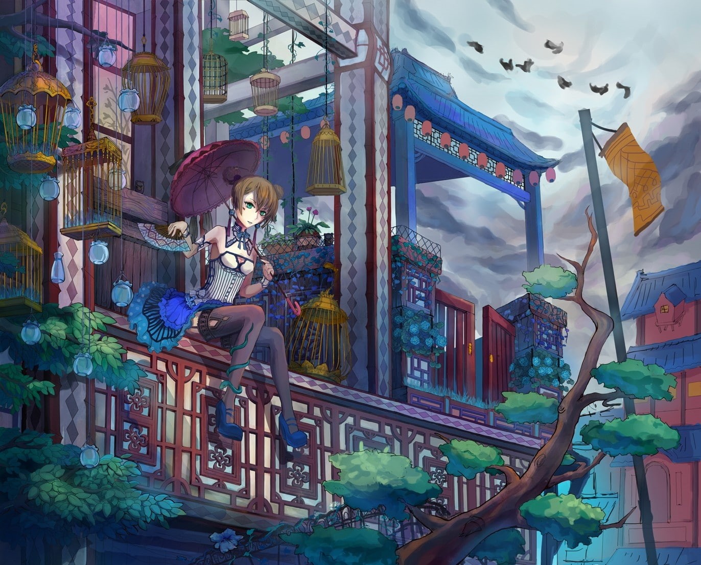 birds, c, brunettes, art, flowers, flags, lanterns, trees, gardens, green, umbrella, houses, japan, 720P, hd, architecture, eyes, japanese, HD Wallpaper