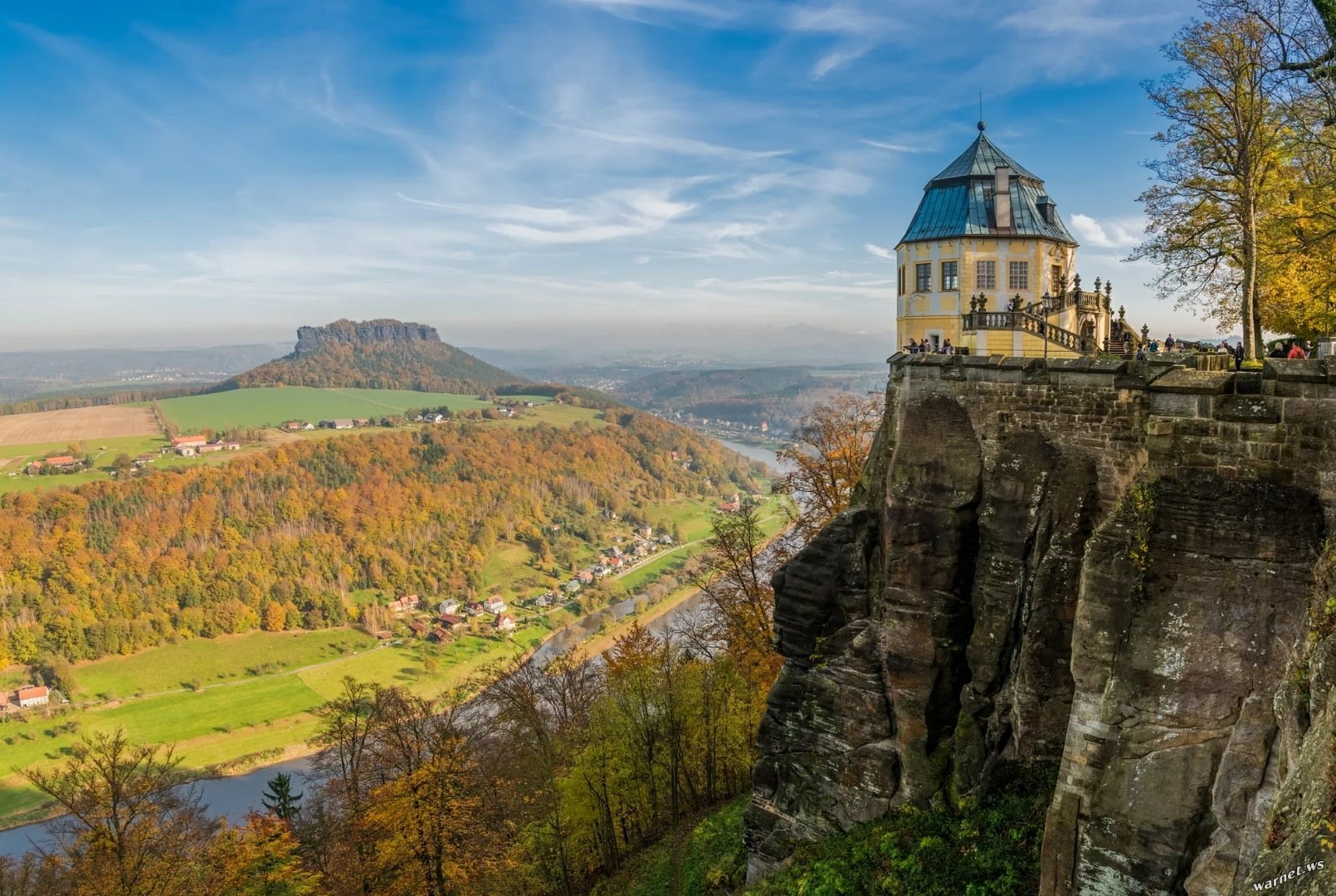 people, forest, x, Castle, v, Clouds, Village, architecture, 1610x1080 px, rock, valley, Landscape, px, artwork, house, nature, Trees, hd, river, fall, HD Wallpaper