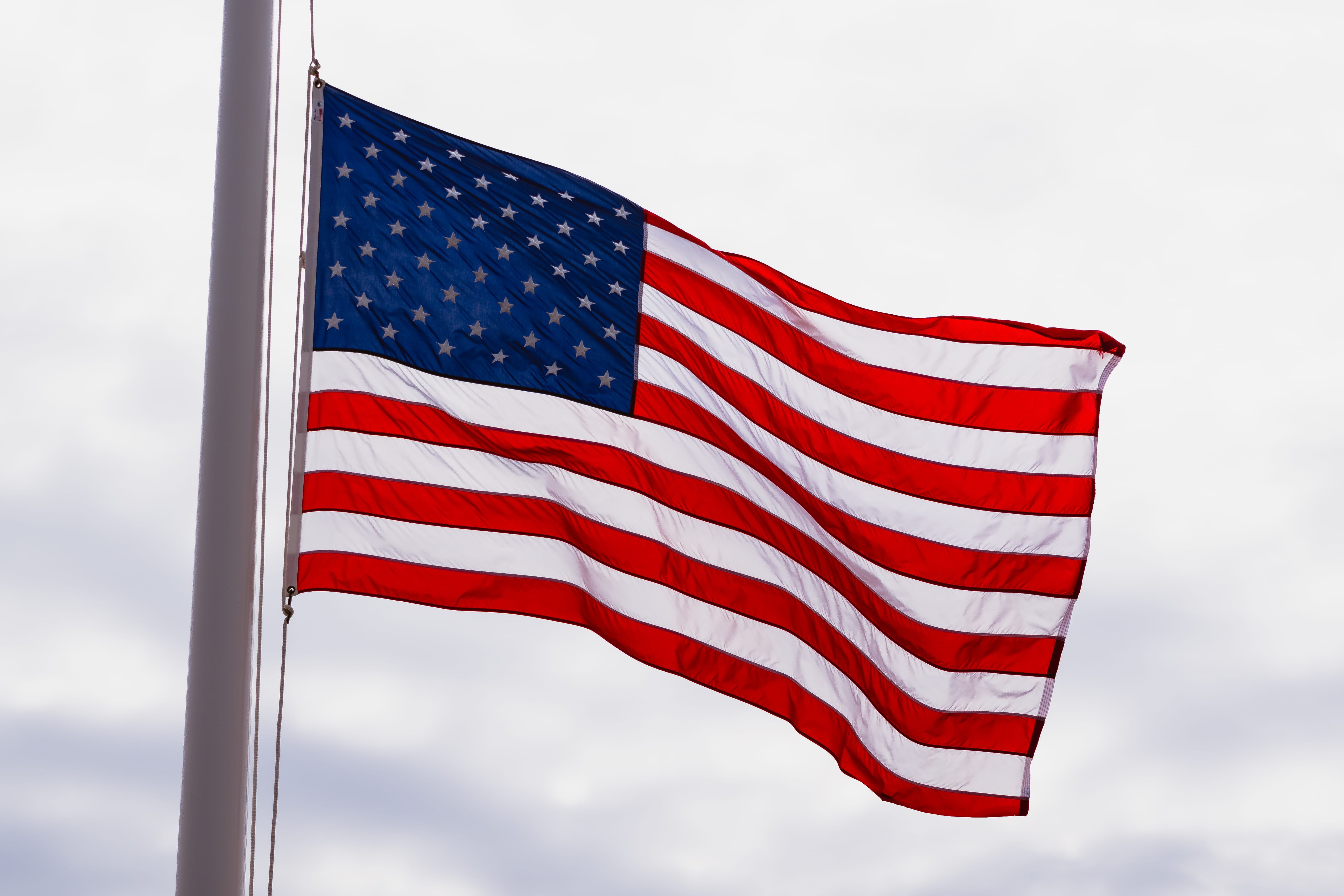 america, vehicle, battleship, striped, 5K, monument, flag, clouds, american, outdoors, ship, no people, nature, navy, military, red, chain, waving, pole, HD Wallpaper