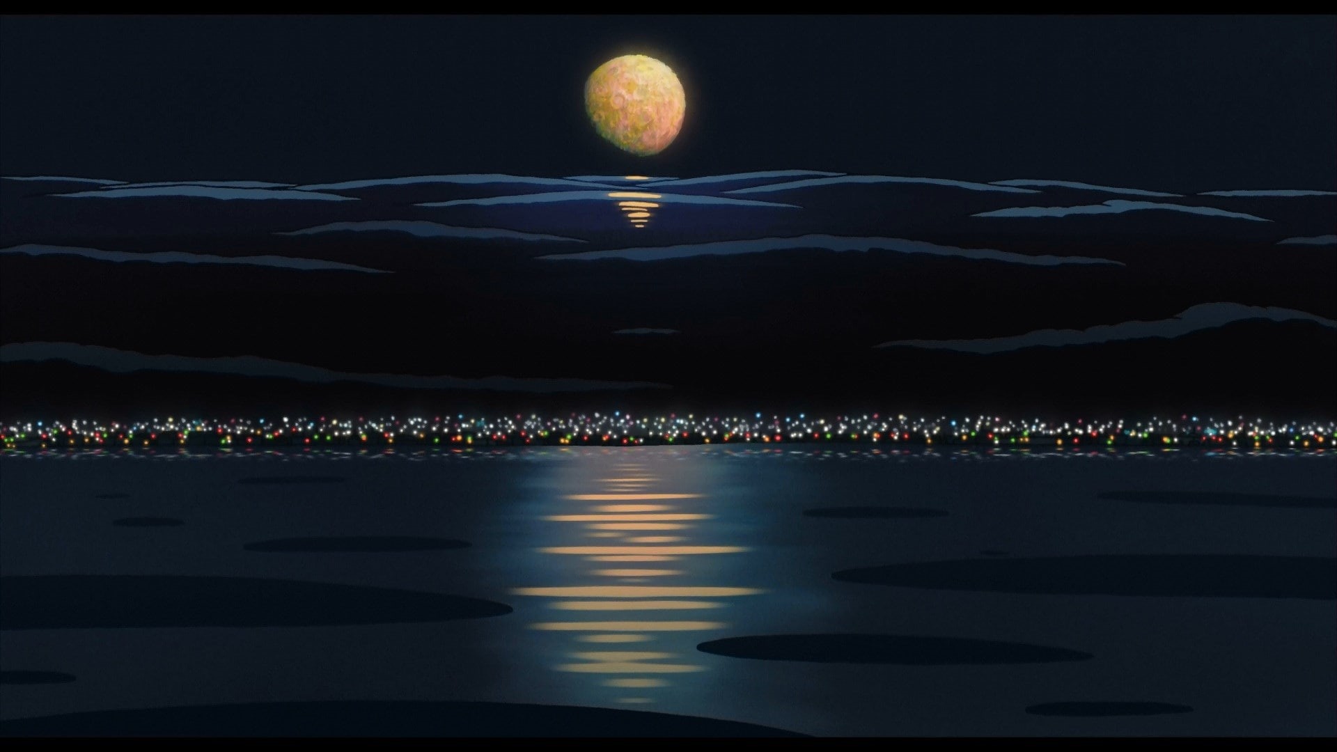illuminated, night, flying, water, outdoors, luminosity, land, dark, nature, city, architecture, motion, sky, ball, ponyo, full moon, moon, no people, sea, HD Wallpaper