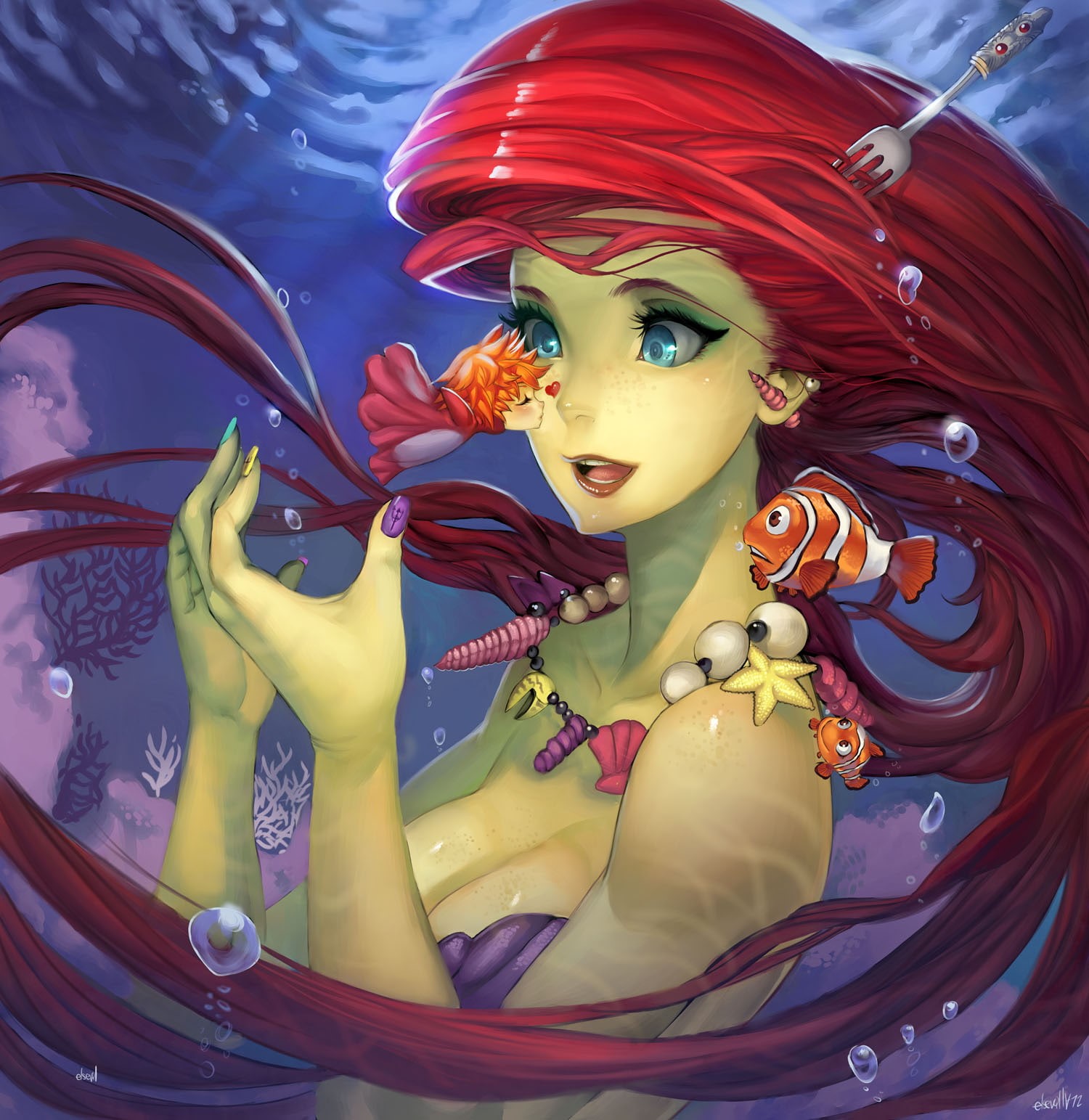 female likeness, outdoors, multi colored, art and craft, close-up, nature, The Little Mermaid, day, spirituality, statue, paint, cartoon, Finding Nemo, Phone HD Wallpaper