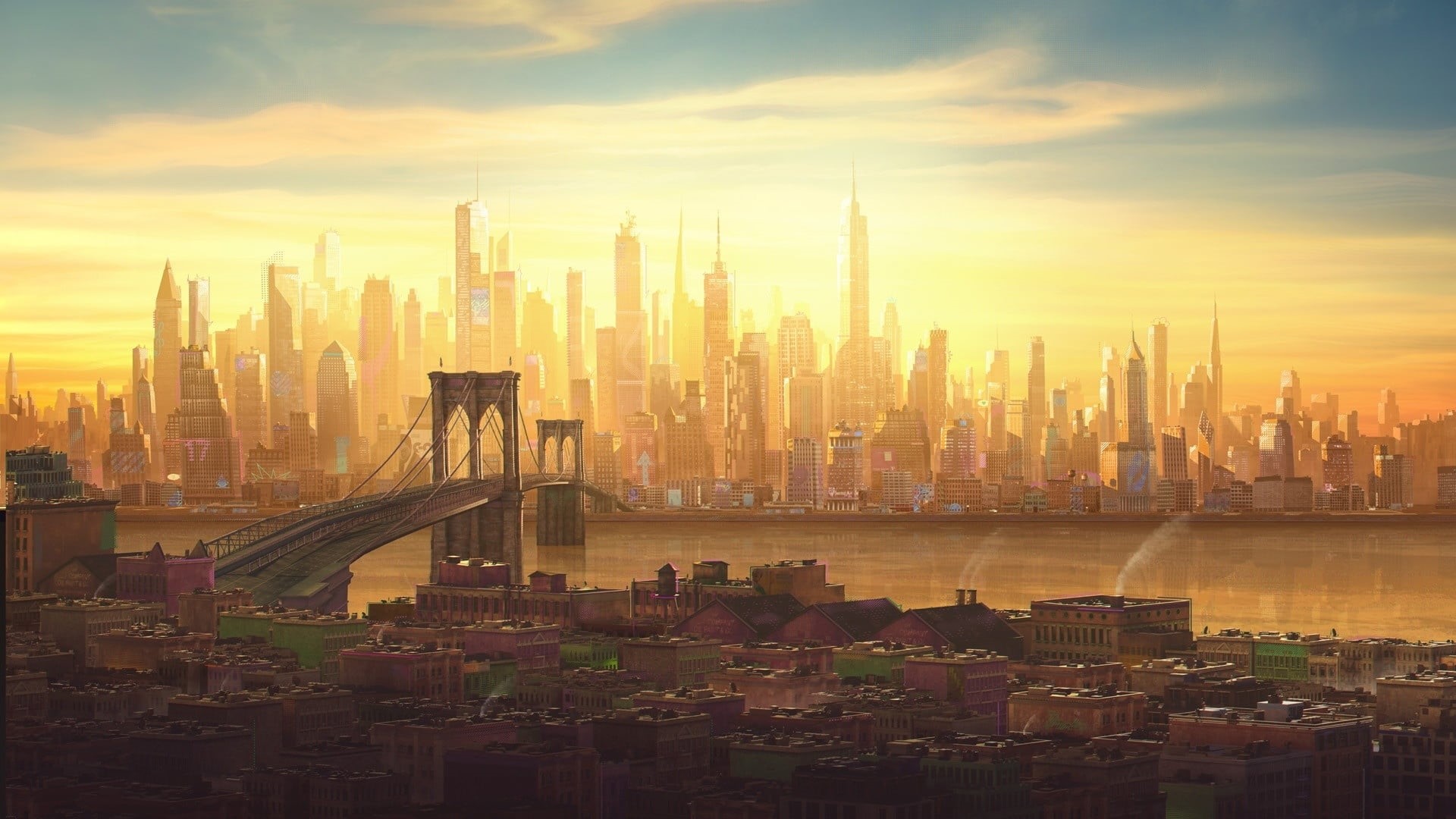 New York City, sunlight, architecture, 1080P, Brooklyn Bridge, skyline, sky, Spider-Man: Into the Spider-Verse, cityscape, movies, HD Wallpaper