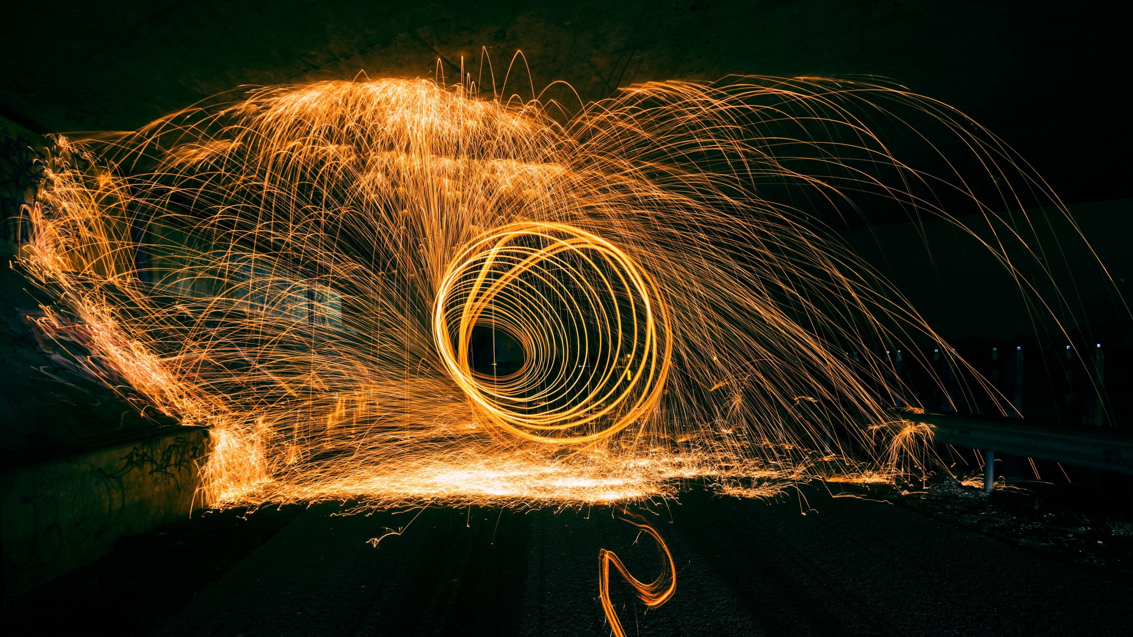 geometric shape, illuminated, 4K, spinning, blurred motion, sparks, shape, burning, nature, arts culture and entertainment, round, wire wool, motion, timelapse, HD Wallpaper