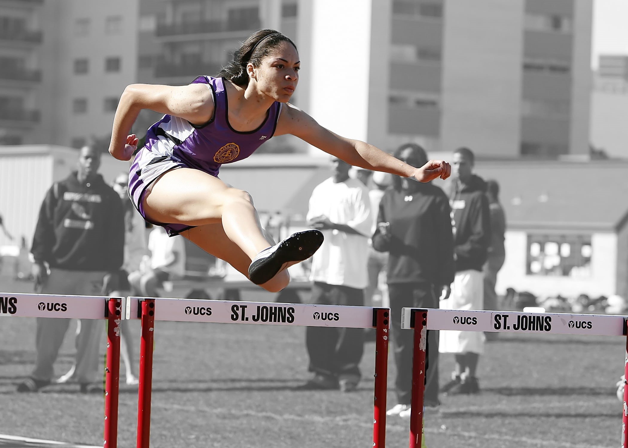 athleticism, high school, jumping, hurdles, adult, competitive, concentration, sports, purple, clothing, number, architecture, top, healthy lifestyle, young adult, HD Wallpaper