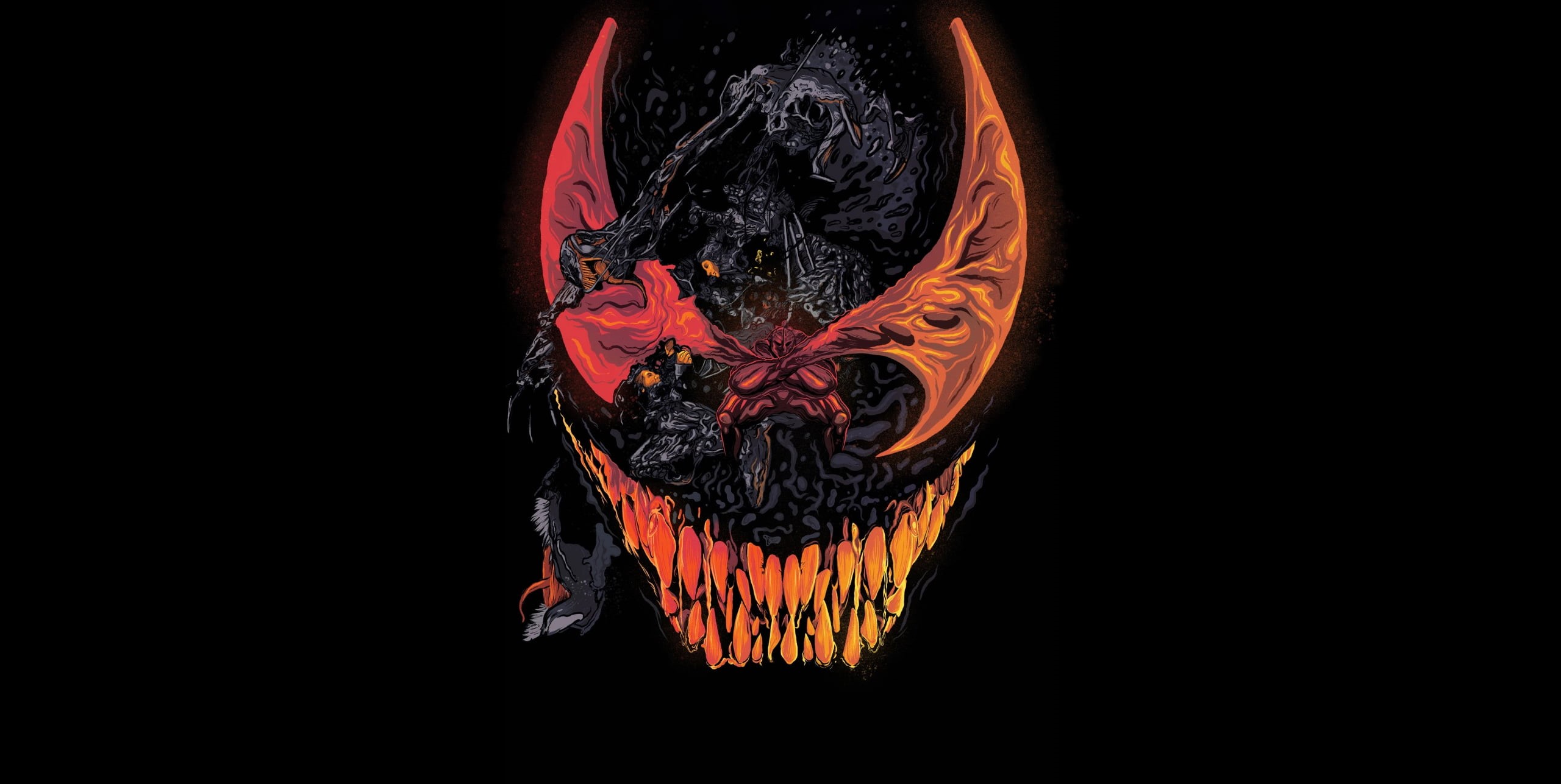 Carnage, Venom, simple background, creature, artwork, black background, 2K, HD Wallpaper
