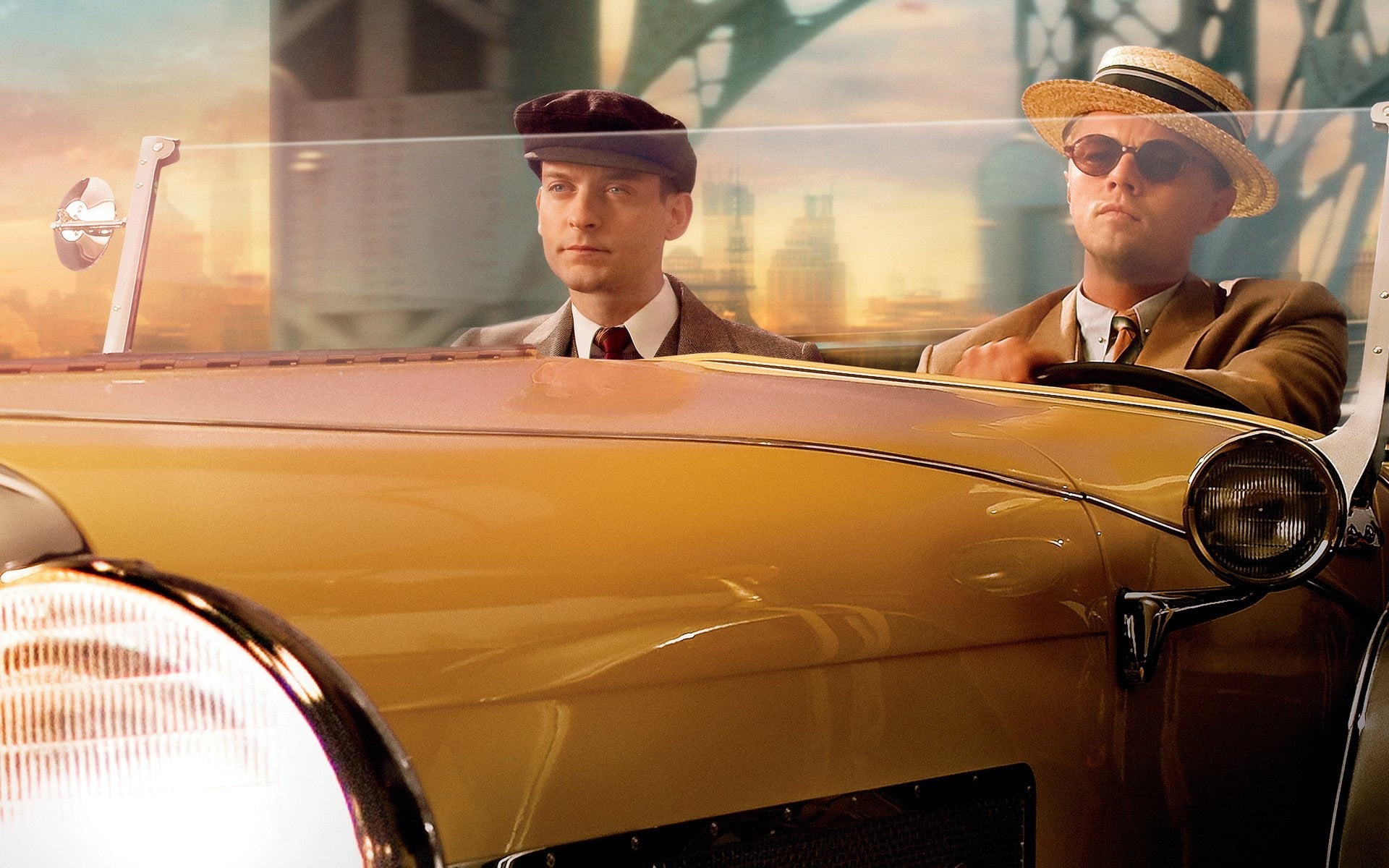 sunglasses, clothing, males, men, mode of transportation, 1080P, city, The Great Gatsby, Tobey Maguire, adult, Movie, people, business, car, luxury, fashion, HD Wallpaper