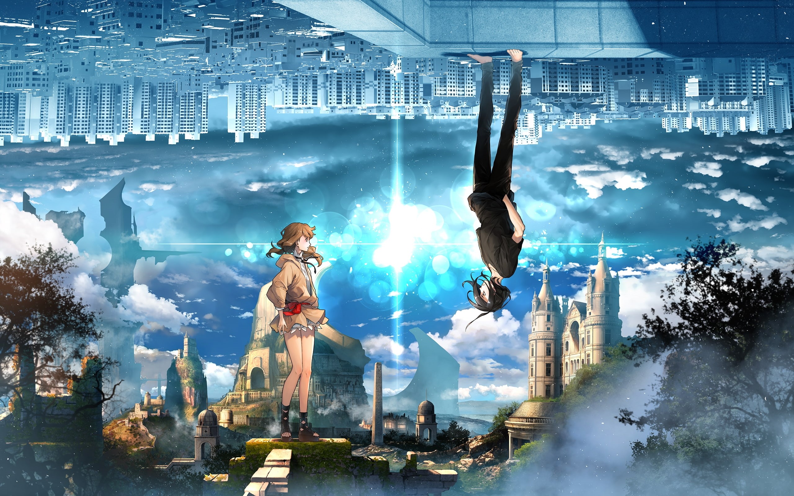 representation, digital composite, cityscape, architecture, nature, full length, building, upside down, standing, two dimensions, one person, 2K, cloud - sky, HD Wallpaper