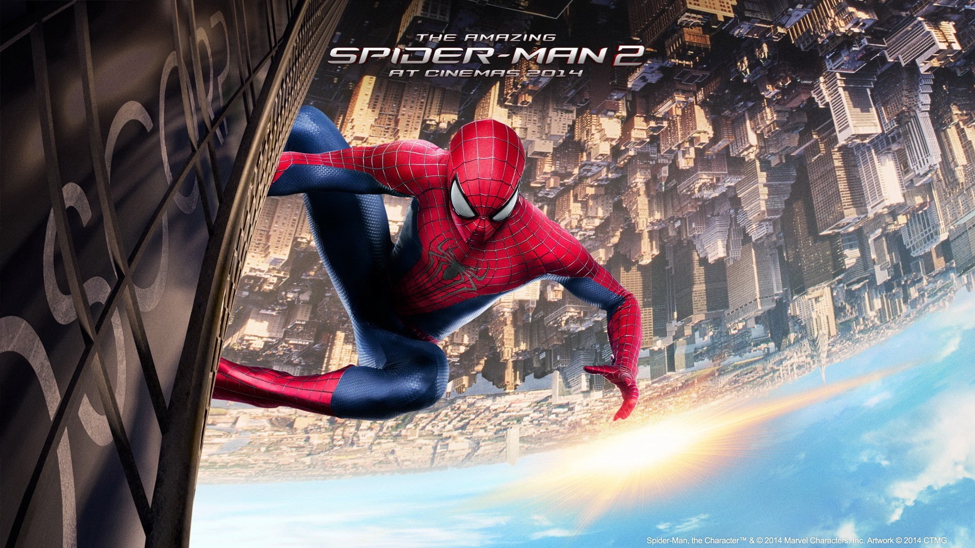 The Amazing Spider-Man, 1080P, Spider-Man, cityscape, upside down, superhero, movies, 2014 (Year), HD Wallpaper