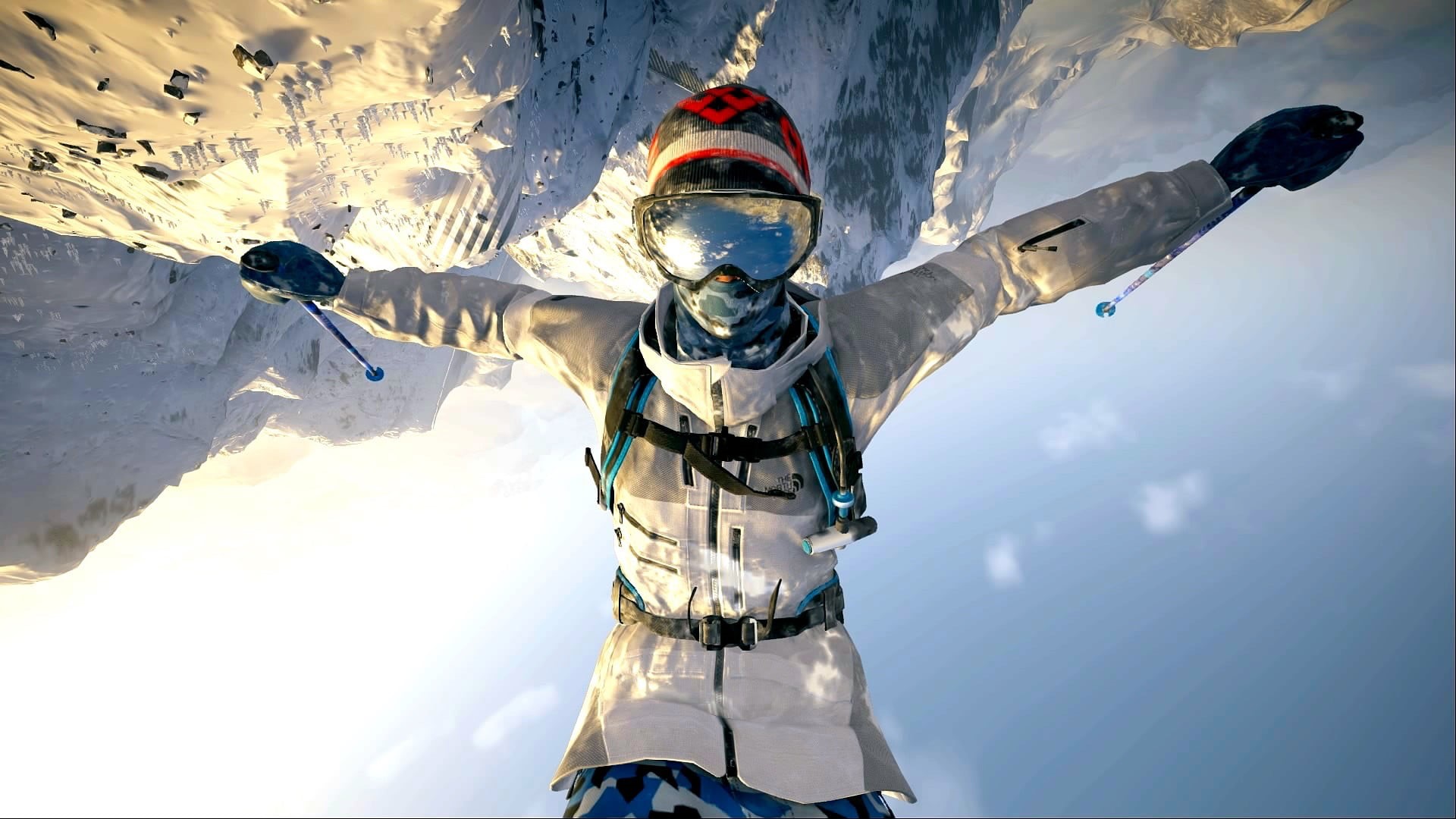 cold temperature, backflip, arms raised, front view, nature, security, suit, warm clothing, Steep, protection, snow, leisure activity, 1080P, sunlight, HD Wallpaper