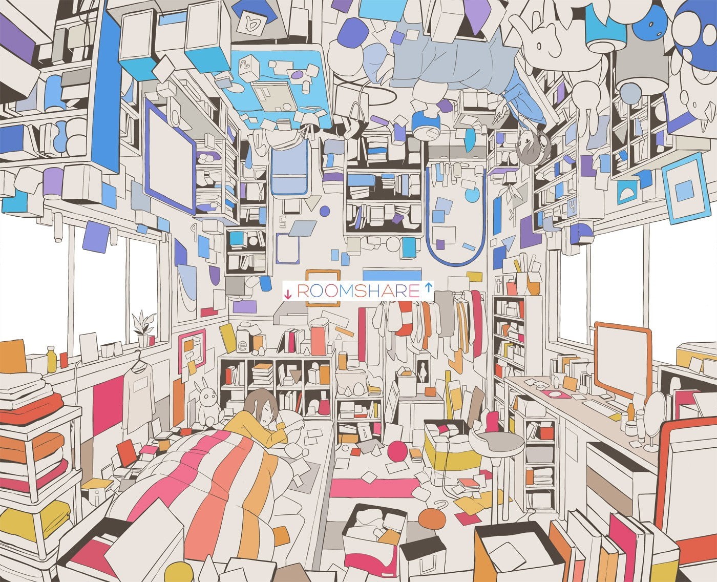 multi colored, day, office, text, outdoors, bed, anime girls, building exterior, large group of objects, map, paper, upside down, building, communication, HD Wallpaper