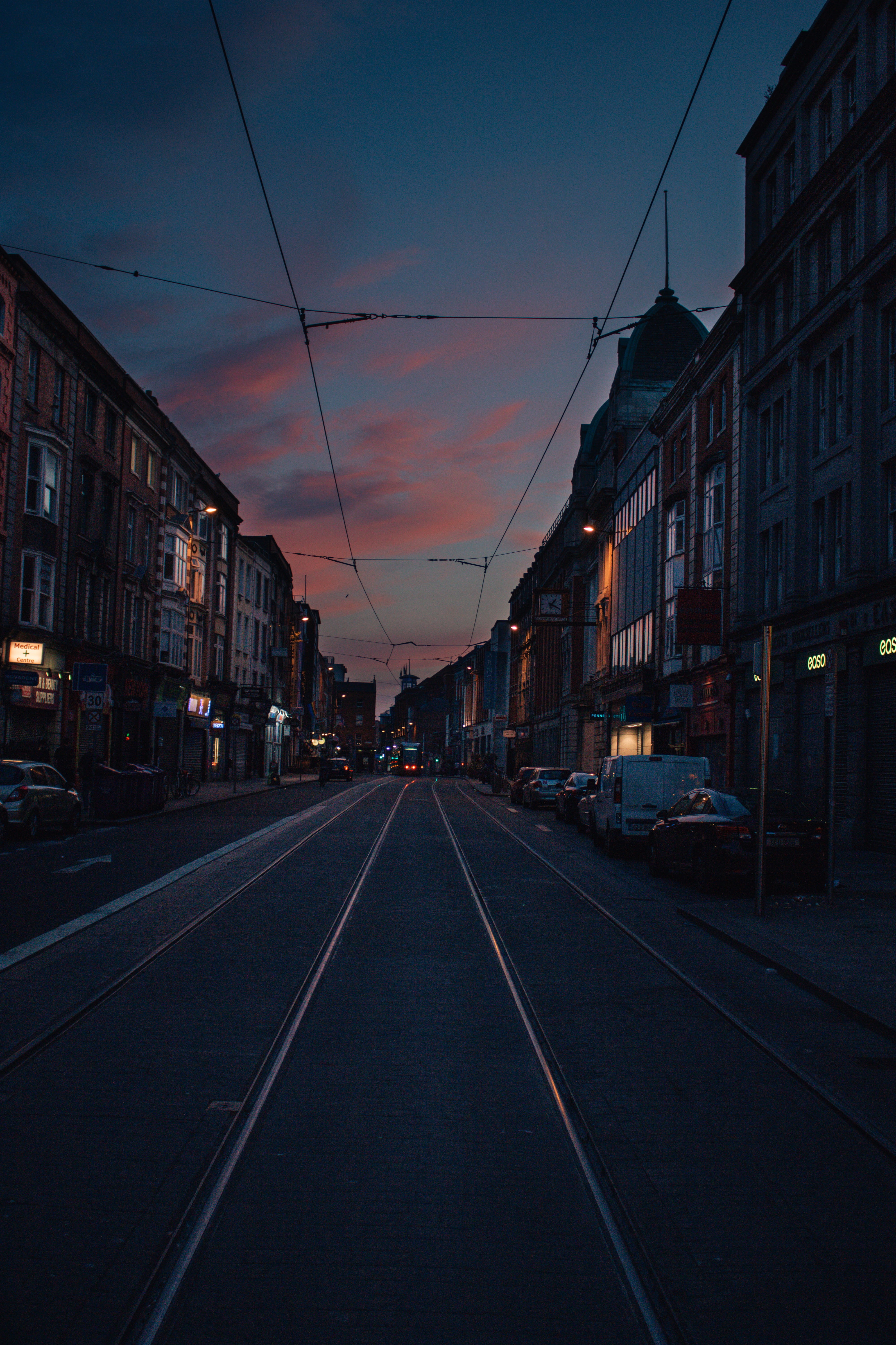 transportation, night reflection, track, night lights, abbey street middle, no people, city, rail transportation, outdoors, ireland, built structure, architecture, Phone HD Wallpaper