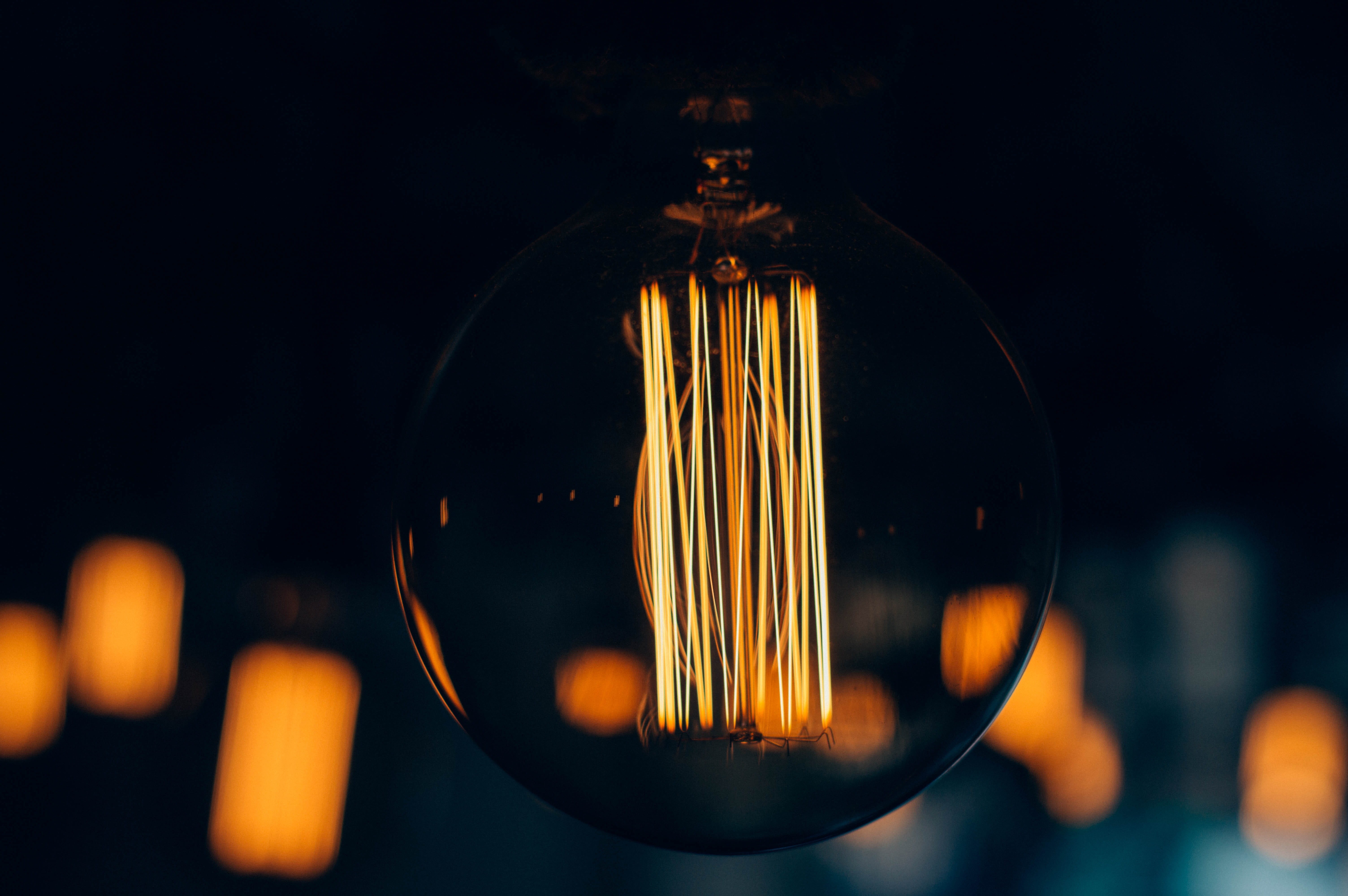 illuminated, formal, light, electricity, focus on foreground, light bulb, electric light, spark, 5K, dark, classy, filament, lighting equipment, no people, HD Wallpaper