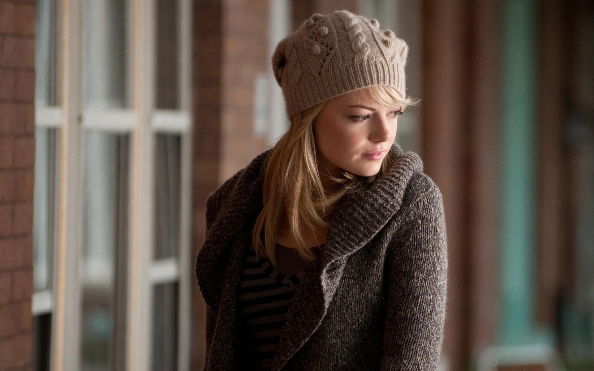 sweater, young adult, women, clothing, actress, looking, scarf, portrait, teenager, focus on foreground, standing, young women, blonde, lifestyles, hat, HD Wallpaper