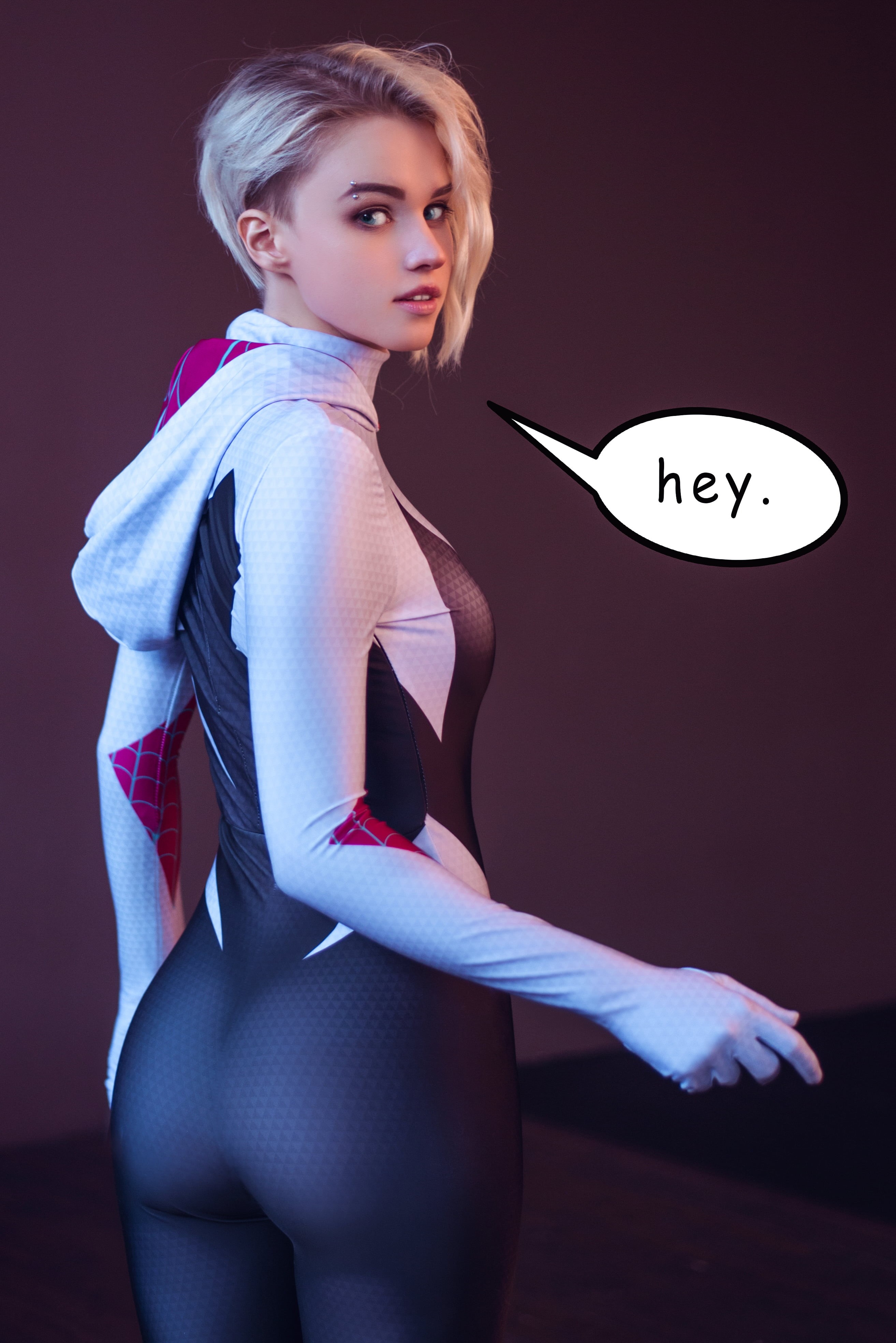 model, Spider-Man, 4K, blonde, Gwen Stacy, simple background, cosplay, Marvel Comics, women, looking at viewer, Spider Gwen, Phone HD Wallpaper