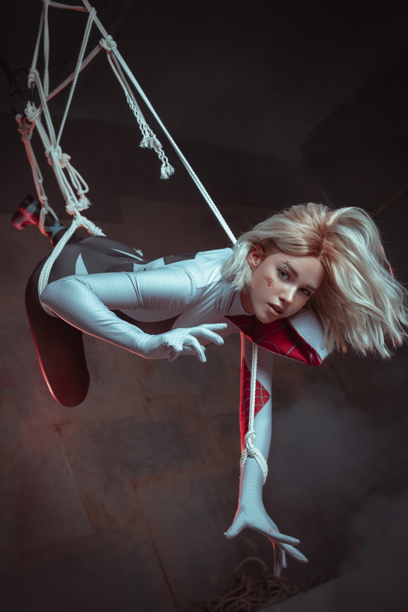 Shirogane Sama, women indoors, ropes, Marvel Comics, blonde, women, cosplay, 1080P, Gwen Stacy, indoors, model, short hair, Spider Gwen, Phone HD Wallpaper