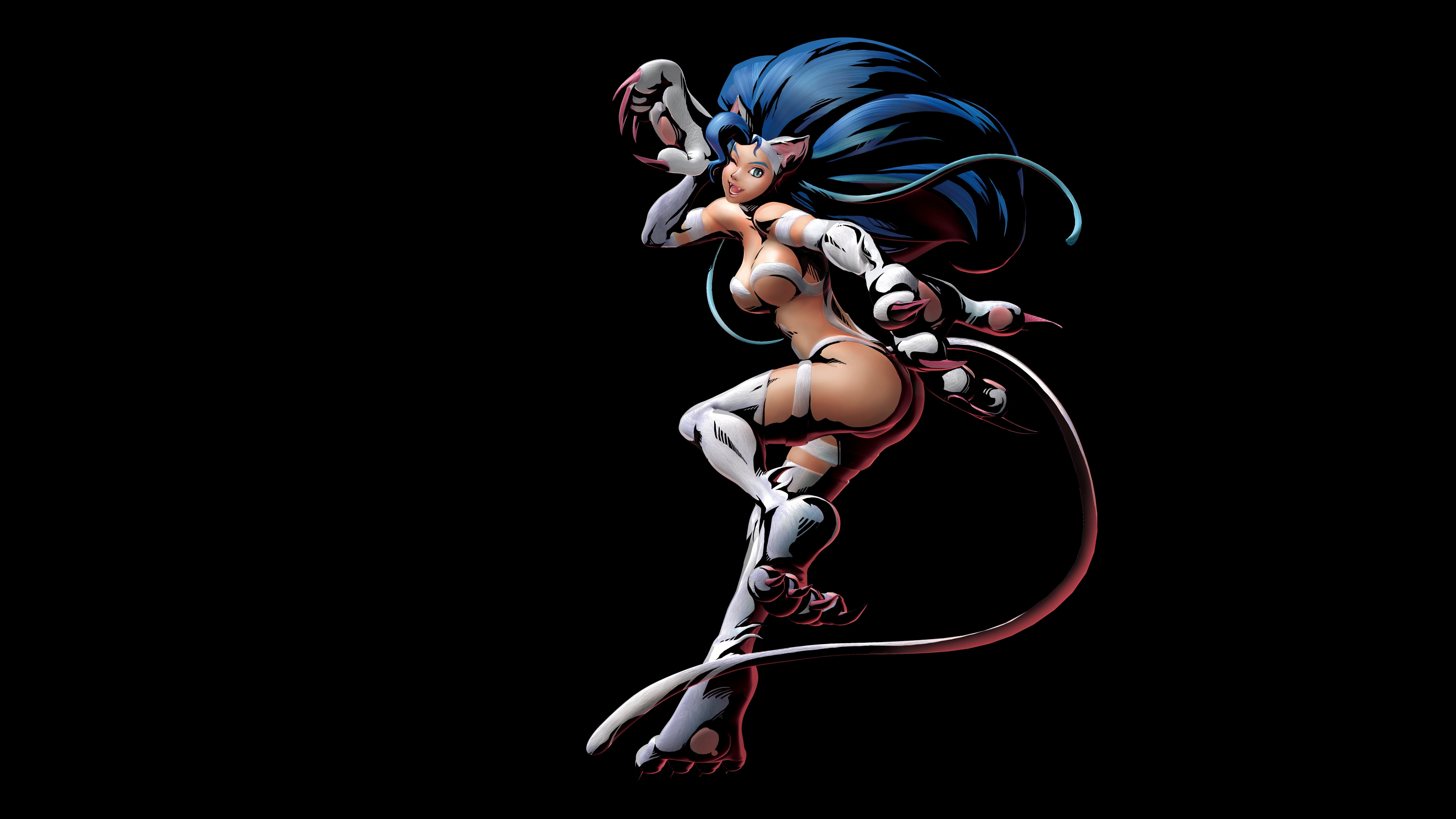blue hair, Darkstalkers, Marvel vs. Capcom 3, Capcom, video game characters, cat girl, dark background, plain background, 5K, Felicia, tail, HD Wallpaper