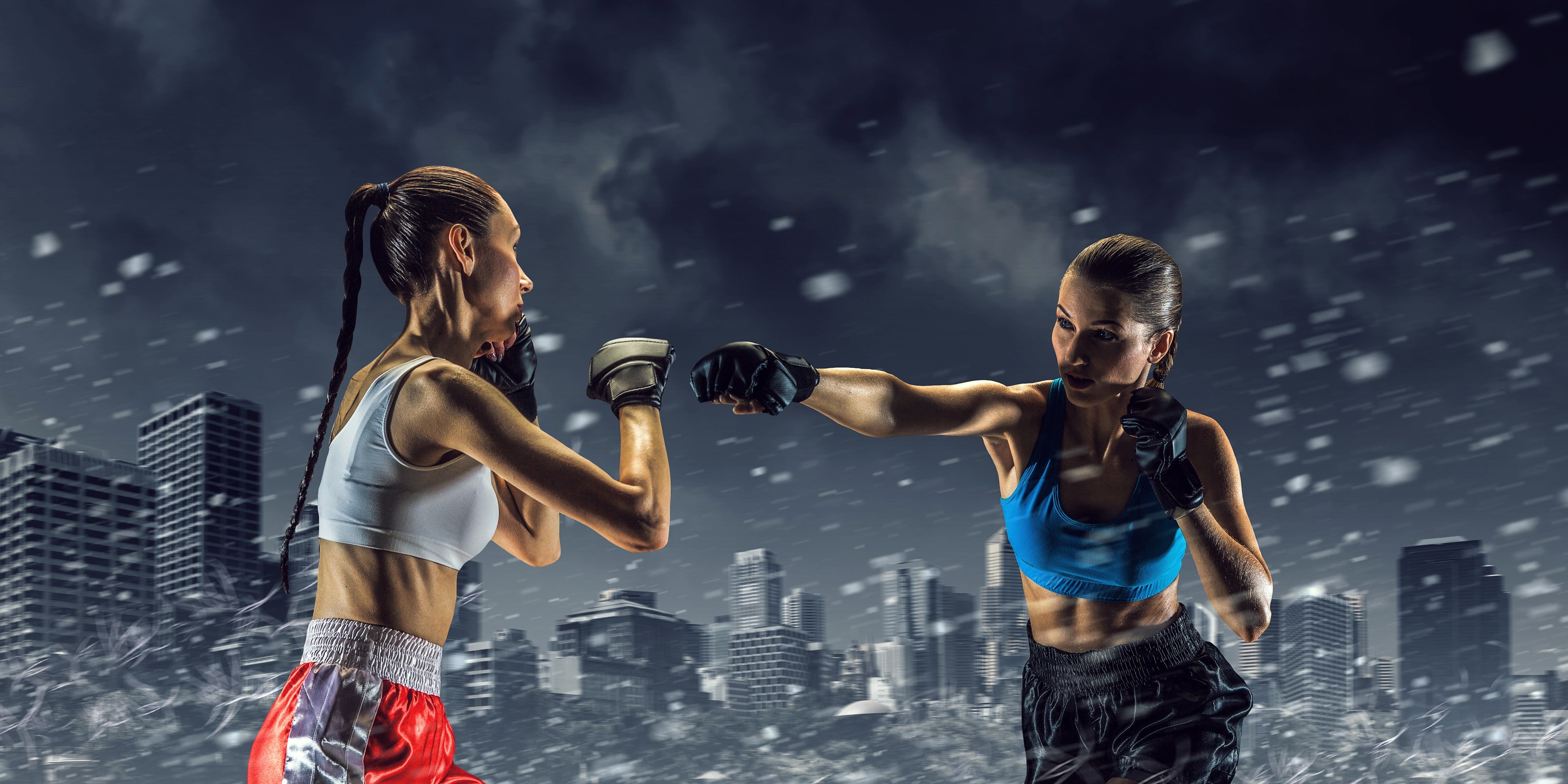 fight, Boxing, girls, shorts, rendering, background, 4K, athletes, sport, jerseys, snow, gloves, city, punch, HD Wallpaper