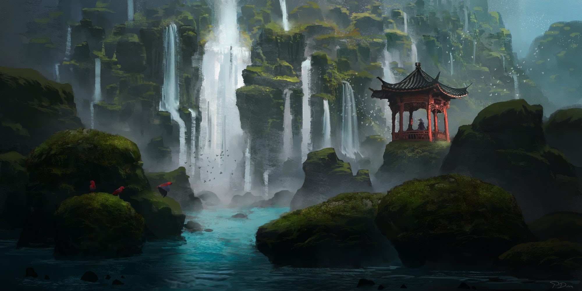 Asian architecture, shrine, waterfall, 1080P, fantasy art, HD Wallpaper